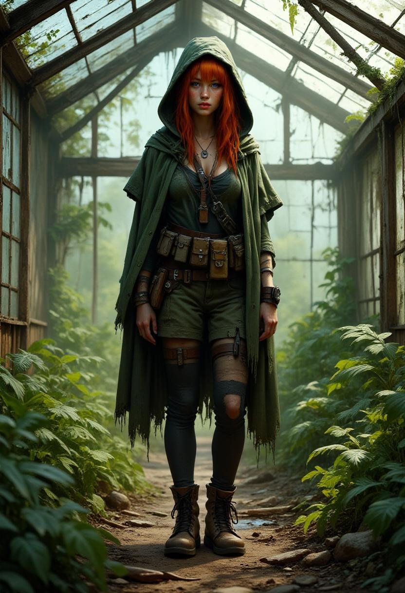 <lora:Flux_Fantasy_Portraits_V3:1> alieffp, Concept art of a redheaded woman wearing shabby Scout Gear, Binoculars, hooded cloak, lightweight boots, leggings, utility belt. fringe hair, in a post-apocalyptic neglected greenhouse with shattered glass and overgrown plants 