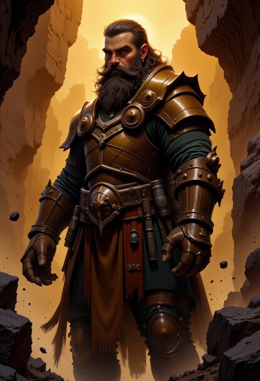 <lora:Flux_Fantasy_Portraits_V3-e15:1> alieffp, a waist up portrait of a stout bearded earth element warrior from a fantasy kingdom in a grim and dark fantasy setting. He wears heavy bronze armor and oversized powerful gauntlets cover his hands. He is in an underground cave of brown and orange hues, and the air is filled with floating rocks