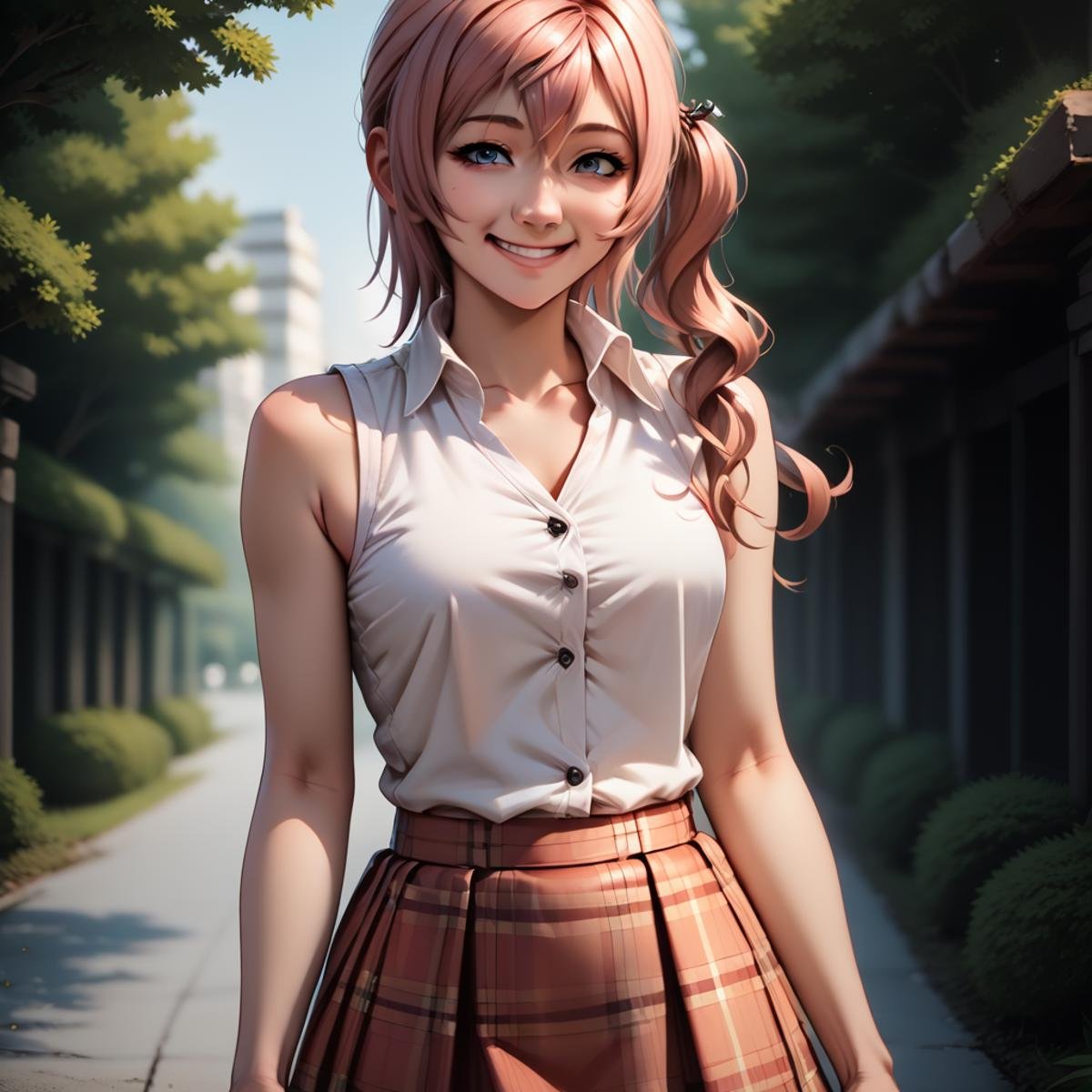 zpdxl2, rating_safe, source_anime, 1girl, solo, serah13, smile, cowboy shot, plaid skirt, sleeveless shirt <lora:Serah_Farron_Final_Fantasy_13:0.8>