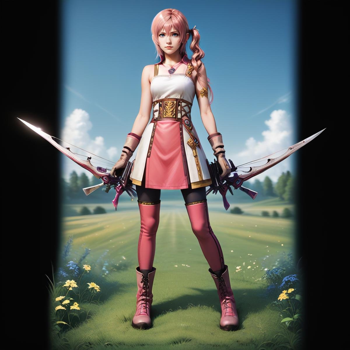 zpdxl2, rating_safe, source_anime, 1girl, solo, serah13, full body, bow (weapon), gloves, boots, grassy plain background, detailed background <lora:Serah_Farron_Final_Fantasy_13:0.8>