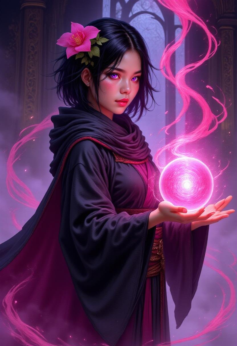 alieffp_v2 fantasy art of an asian human woman in black mage's robes. Pink magical currents swirl around her. She has bright purple eyes, short black hair, and a pink flower in her hair. There's a pink ball of magical aura in her palms <lora:Flux_Fantasy_Portraits_V2:1>