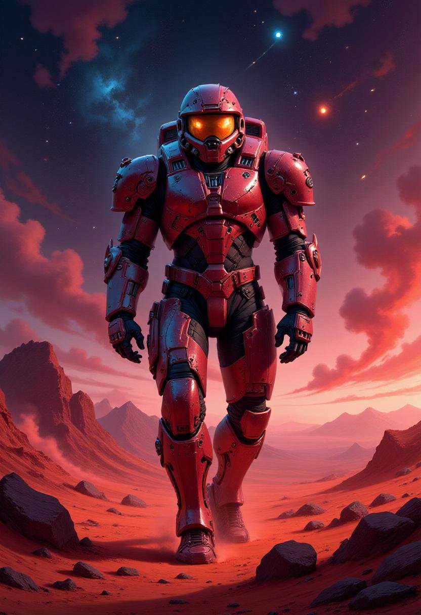 alieffp_v2, Master Chief on a red planet, with a cosmic skyscape above him <lora:Flux_Fantasy_Portraits_V2:1>