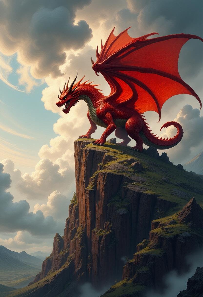 <lora:Flux_Fantasy_Portraits_V2:1> alieffp_v2, a red-scaled dragon perched upon a mountain's peak, looking strong and menacing, a cloudy sky above him 