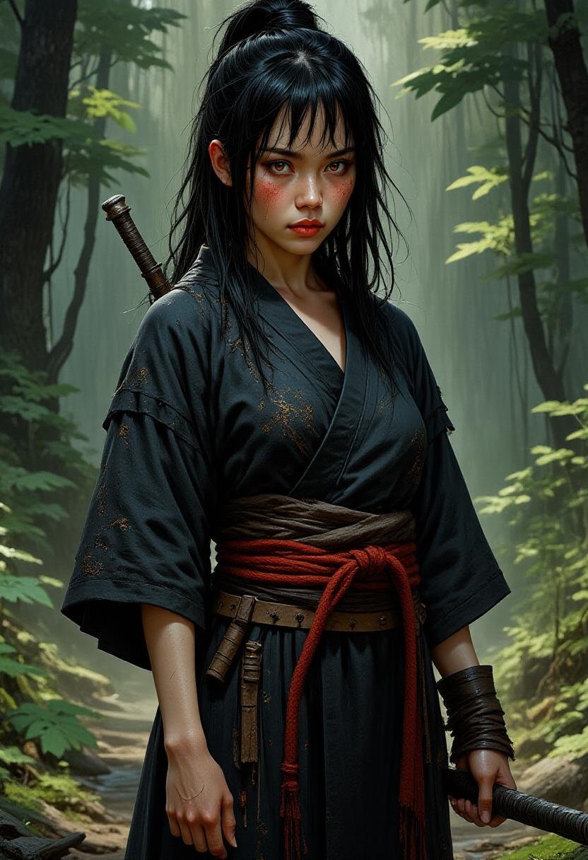 <lora:Flux_Fantasy_Portraits_V2:1> alieffp_v2, RPG Concept Art of a thin and scruffy young asian woman, rugged appearance, straight-cut black hair, thin white scars, tattered black martial artist's robe, thick red cord tied around her waist, forest, sheathed sword