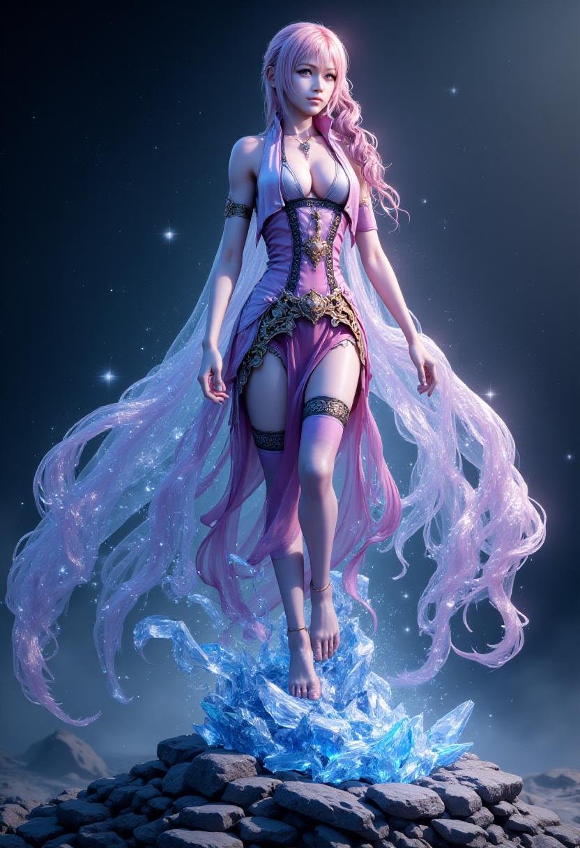 serah13 turned into a highly detailed crystalline statue, with a fantasy background <lora:Serah_Farron_FX:1>