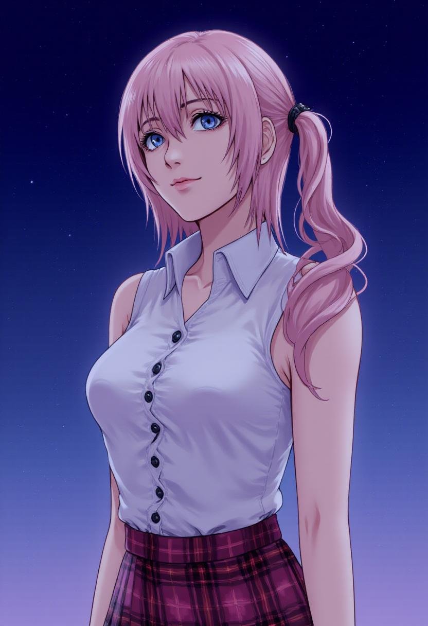 serah13, wearing a white sleeveless button up top and plaid skirt, looking up towards a starry sky <lora:Serah_Farron_FX:1>