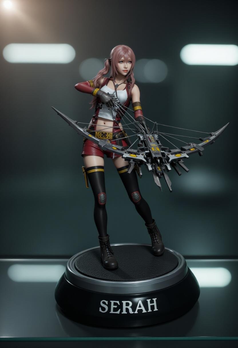 a highly detailed vinyl collector's figurine of serah13 aiming a crowwbow, with a fierce expression on her face. The figurine stands on a black resin stand with the name "SERAH" engraved on it in silver letters. The stand is on a glass shelf of a display case, bokeh, light flare. <lora:Serah_Farron_FX:1>