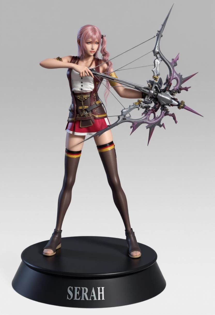 a highly detailed vinyl collector's figurine of serah13 striking a pose as she aims her bow, with a fierce expression on her face. The figurine stands on a black resin stand with the name "SERAH" engraved on it in silver letters.  <lora:Serah_Farron_FX:1>