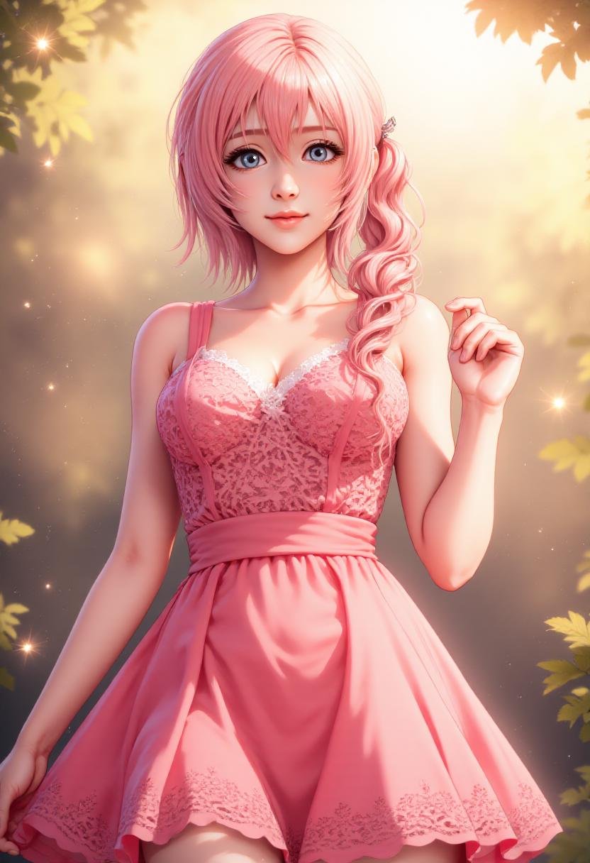 serah13, stunning background. bright sunlight, a mesmerizing blend of light and shadow, pink dress with intricate lace detailing. <lora:Serah_Farron_FX:1>