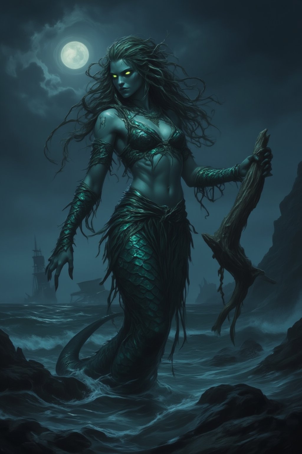 A terrifyingly beautiful Siren rises from the dark ocean, her lower body a serpentine tail shimmering with iridescent scales. Her upper body is humanoid, but her skin is pale and ghostly, her long, flowing hair entwined with seaweed. Her glowing, hypnotic eyes lure sailors to their doom, and her sharp claws grip a shattered piece of driftwood as she sings her deadly song. Behind her, jagged rocks and wrecked ships litter the stormy sea, with dark clouds rolling in and waves crashing against the shore. The moon casts an eerie glow on the scene. Midjourneyart. Fantasy Drawing.