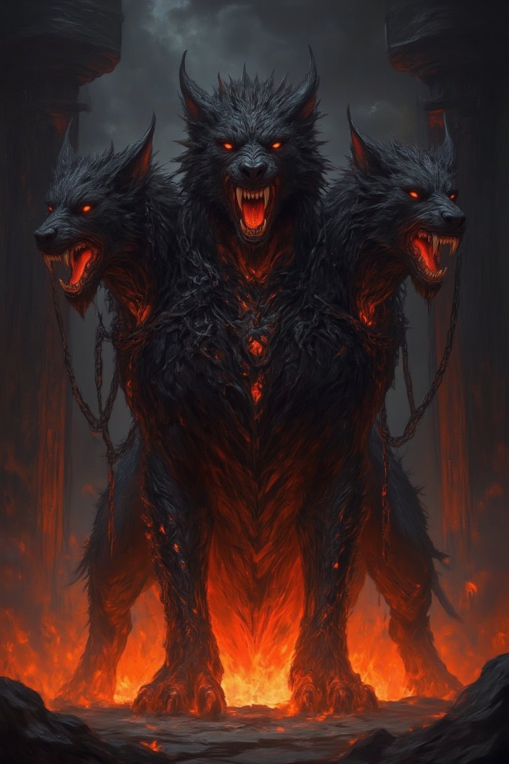 A massive, three-headed Cerberus stands at the gates of the underworld, its black fur bristling with energy, and each head snarling with fiery eyes. Chains wrap around its neck, glowing with infernal heat, and its sharp, glowing fangs drip with molten saliva. Its three heads snap and bite at the air, each mouth filled with rows of razor-sharp teeth. The ground beneath it is cracked and scorched, with fire and lava bubbling up from the underworld. Behind it, the massive iron gates of the underworld creak open, revealing the fiery depths of eternal damnation. Midjourneyart. Fantasy Drawing.