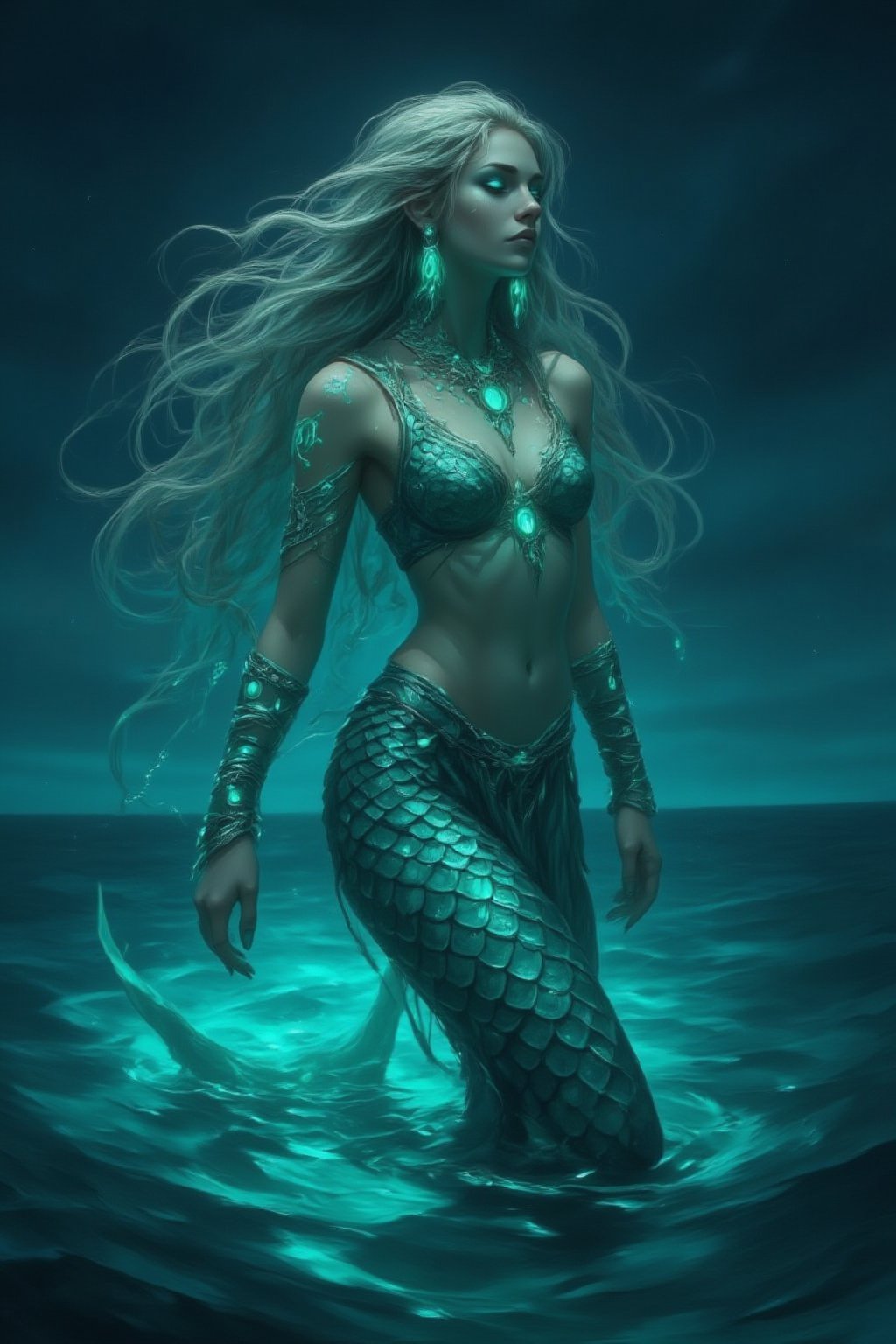 A breathtaking Siren emerges gracefully from the depths of the ocean, her shimmering scales glowing faintly in the moonlit water. Her long, flowing hair glistens like strands of silver, cascading over her slender shoulders. Her eyes, a radiant aquamarine, reflect the beauty and mystery of the sea. She sings softly, her voice ethereal and hypnotic, causing the waves to dance around her in harmony. Her elegant tail is covered in delicate, iridescent scales, blending shades of deep blue and emerald green, while her graceful arms are adorned with intricate shell bracelets. Behind her, the ocean stretches infinitely, illuminated by a faint, magical glow, adding to her otherworldly allure. Midjourneyart. Fantasy Drawing.