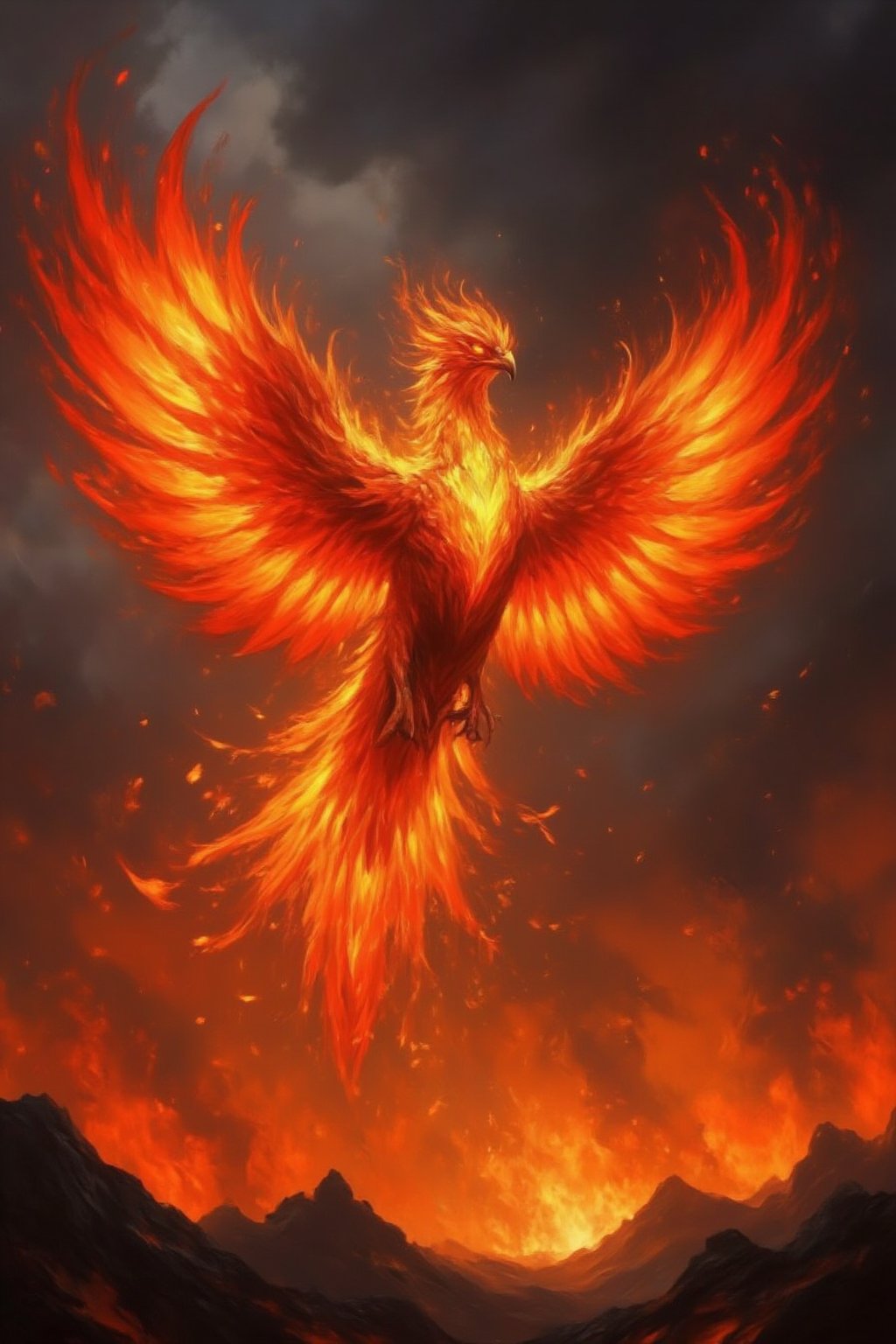 A majestic Phoenix soars high above a blazing forest, its wings made of pure fire, spreading a radiant glow across the land. Its feathers are a brilliant combination of red, orange, and gold, each shimmering with the heat of the sun. Glowing eyes pierce the smoke-filled sky, and with each beat of its wings, flames burst forth, turning the sky into an inferno. Below, the burning forest crackles and hisses, while the Phoenix lets out a cry that echoes through the heavens, signaling its eternal rebirth. Midjourneyart. Fantasy Drawing.