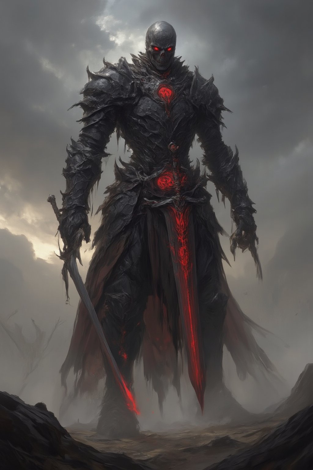 A massive Skeletal Warrior stands tall in an ancient battlefield, its armor rusted and cracked but still radiating a dark aura. Its skeletal frame glows faintly with unholy energy, and its sword—an ancient, cursed blade—drips with dark magic. Hollow eye sockets burn with a faint red glow, and the ground around it is littered with the remains of fallen warriors. The sky is overcast, with dark clouds blocking the sun, and the battlefield is covered in mist, making the warrior appear as a ghostly figure from a forgotten era. Midjourneyart. Fantasy Drawing.