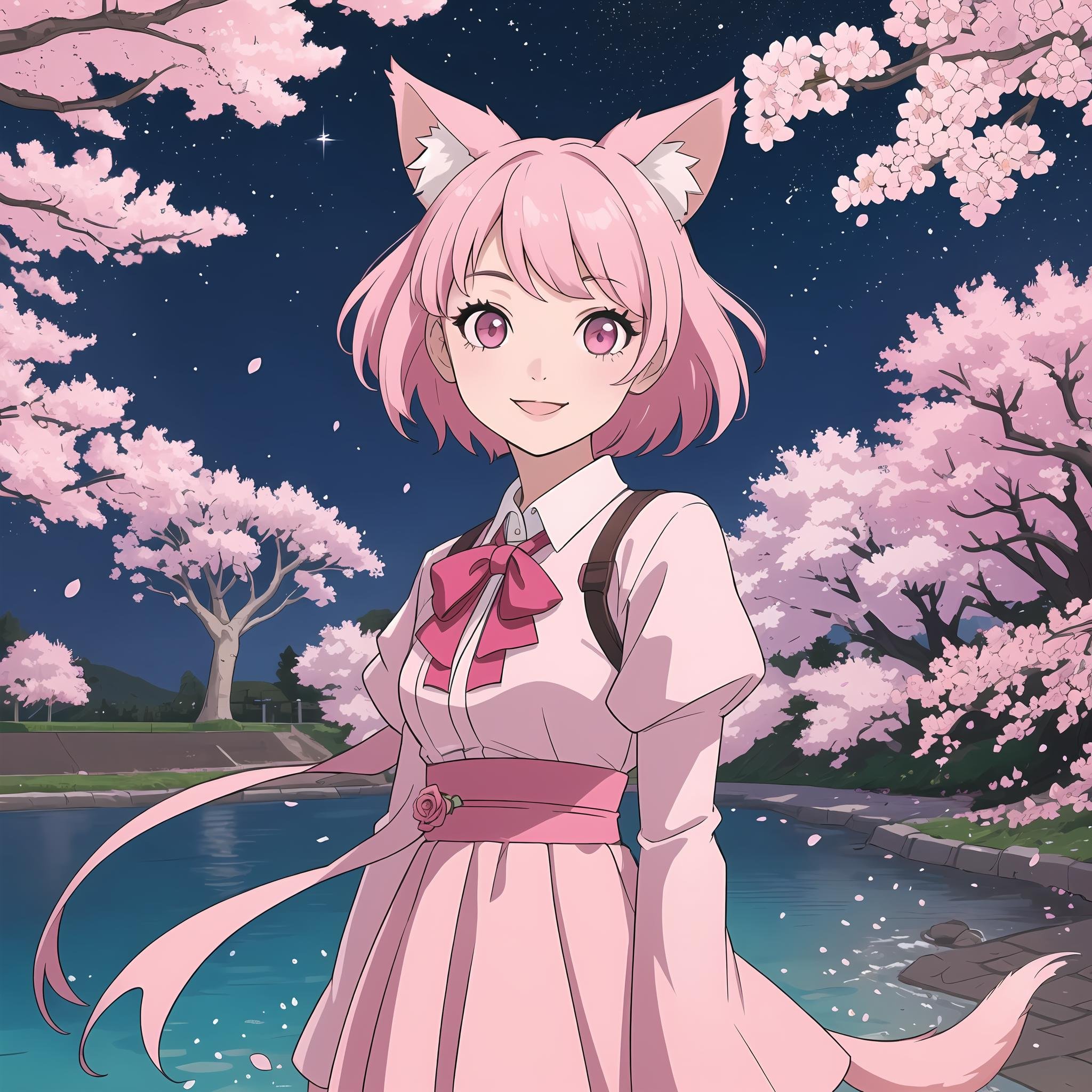 masterpiece, best quality, ultra-detailed, 1girl, detailed water, short hair, pink hair, light pink eyes,  roses, everywhere roses, gorgeous, cherry blossoms, cherry, cherry blossoms tree, smile, view from front, fox earsnight , stars in the background, 