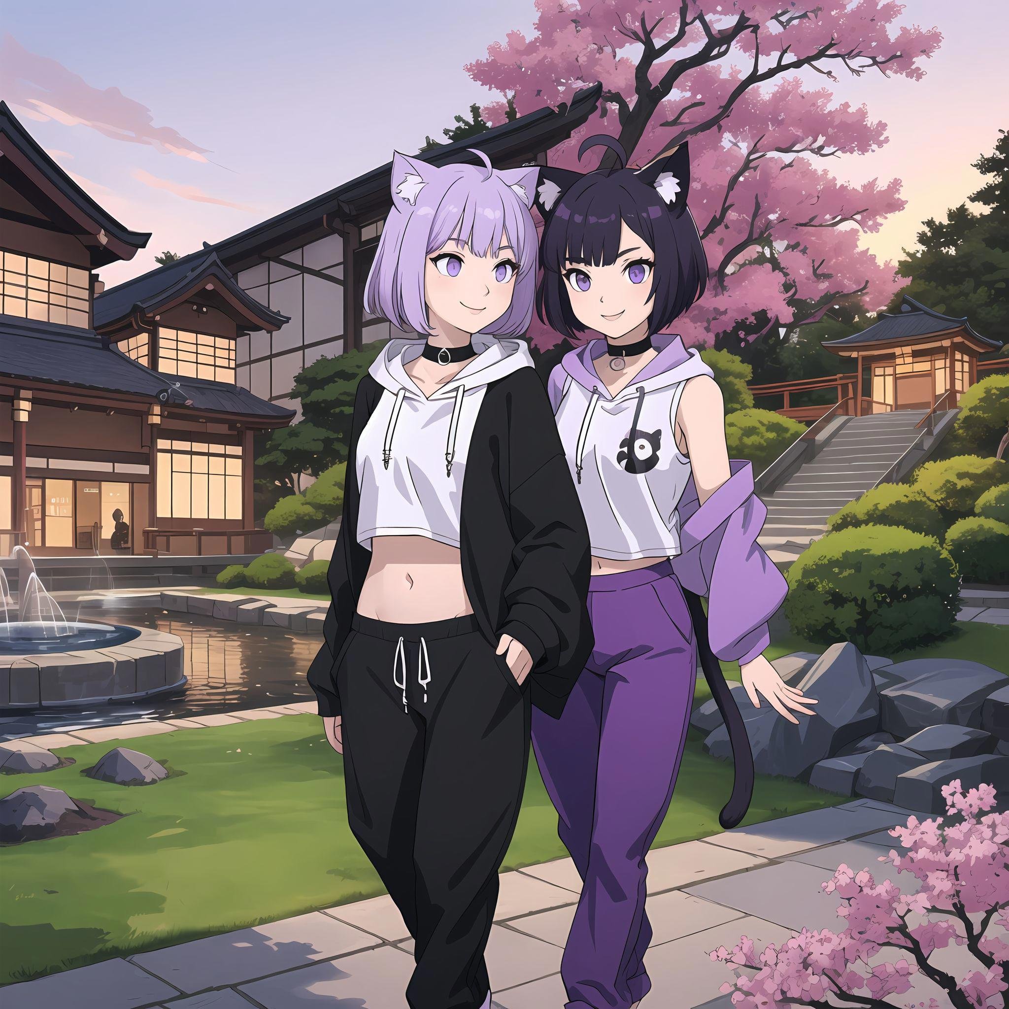 tradition japanese garden, sakura trees in the background, sunset, flowergarden, fountain in the background, smiling perfect face, perfect facial expression, perfect body, perfect breasts, perfect legs, masterpiece, best quality, (((1 person))), (((Nekomata Okayu))), (((masterpiece))), light purple hair, light purple eyes, cat ears, cat tail, ahoge, shoulder length Hair, black collar, black and purple hoodie with navel visible, purple and white baggy pants, yellow and black slippers, shop background