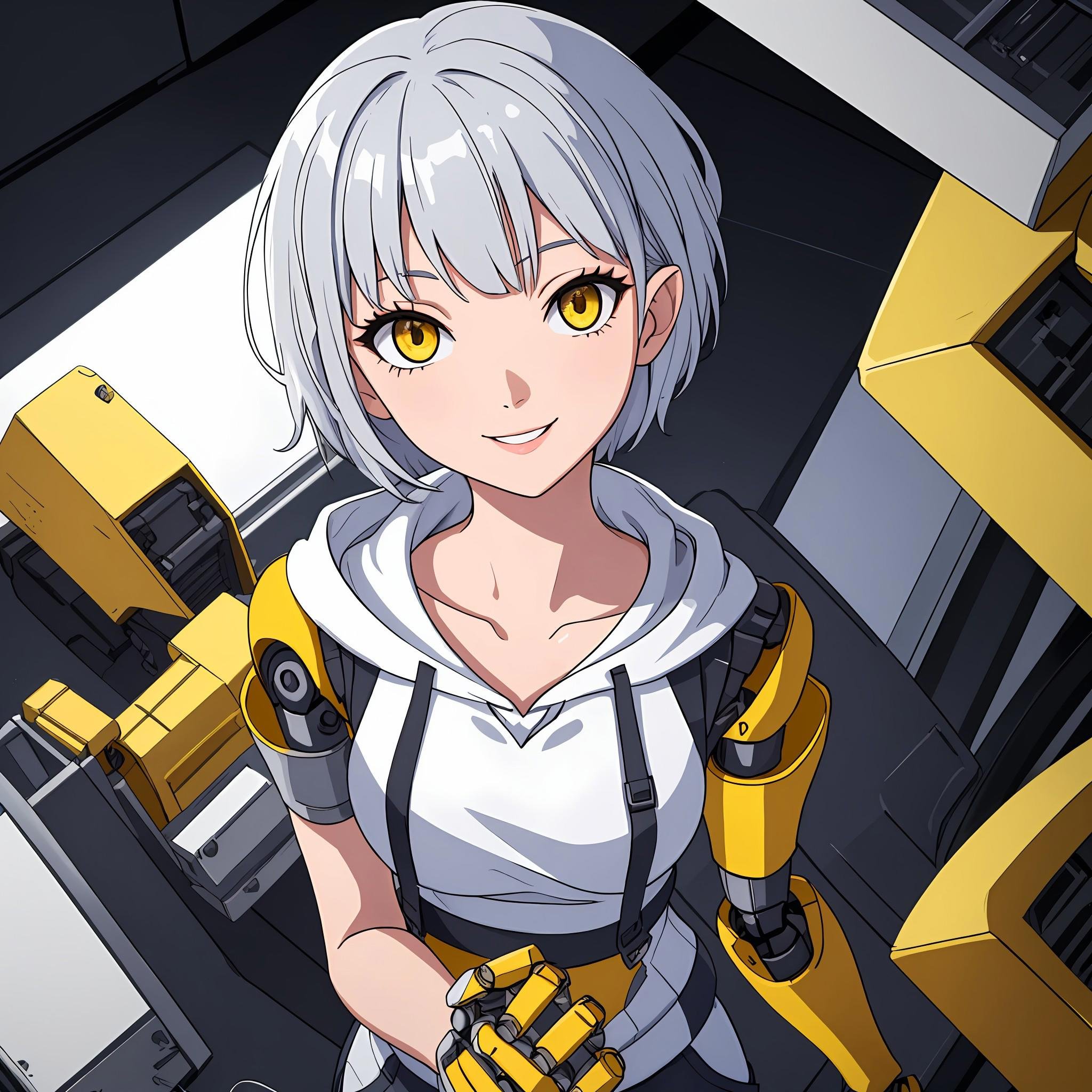 woman in her 20s, (perfect face), defined jawline, (beautiful bright yellow eyes), beautiful smile, (short silver prismatic pixie haircut), (perfect hands), (white loose sleeveless hoodie:1.2), (cargo pants), (mechanical robotic arms, mechanical robotic fingers), looking at viewer, (medium shot photograph), living room background, (portrait:1.3)