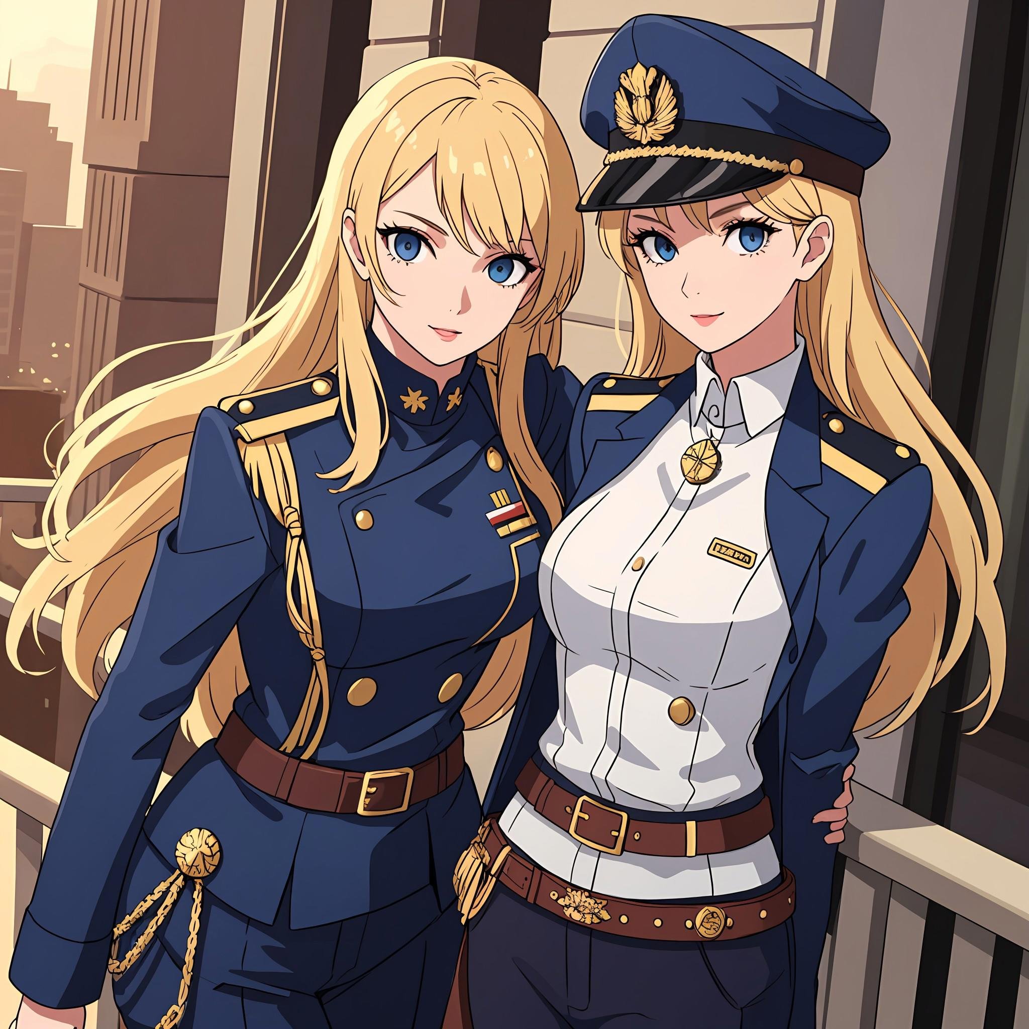 woman in her 20s, (perfect face), defined jawline, deep beautiful dark blue eyes, long flowing blonde hair, in military uniform, gold trimming in outfit, brown leather belt with gold buckle, medals on her chest, rank symbol on arm, military cap with gold symbol, posing seductively on balcony, city capitol background, warm lighting, (medium shot photograph), looking at viewer, realistic