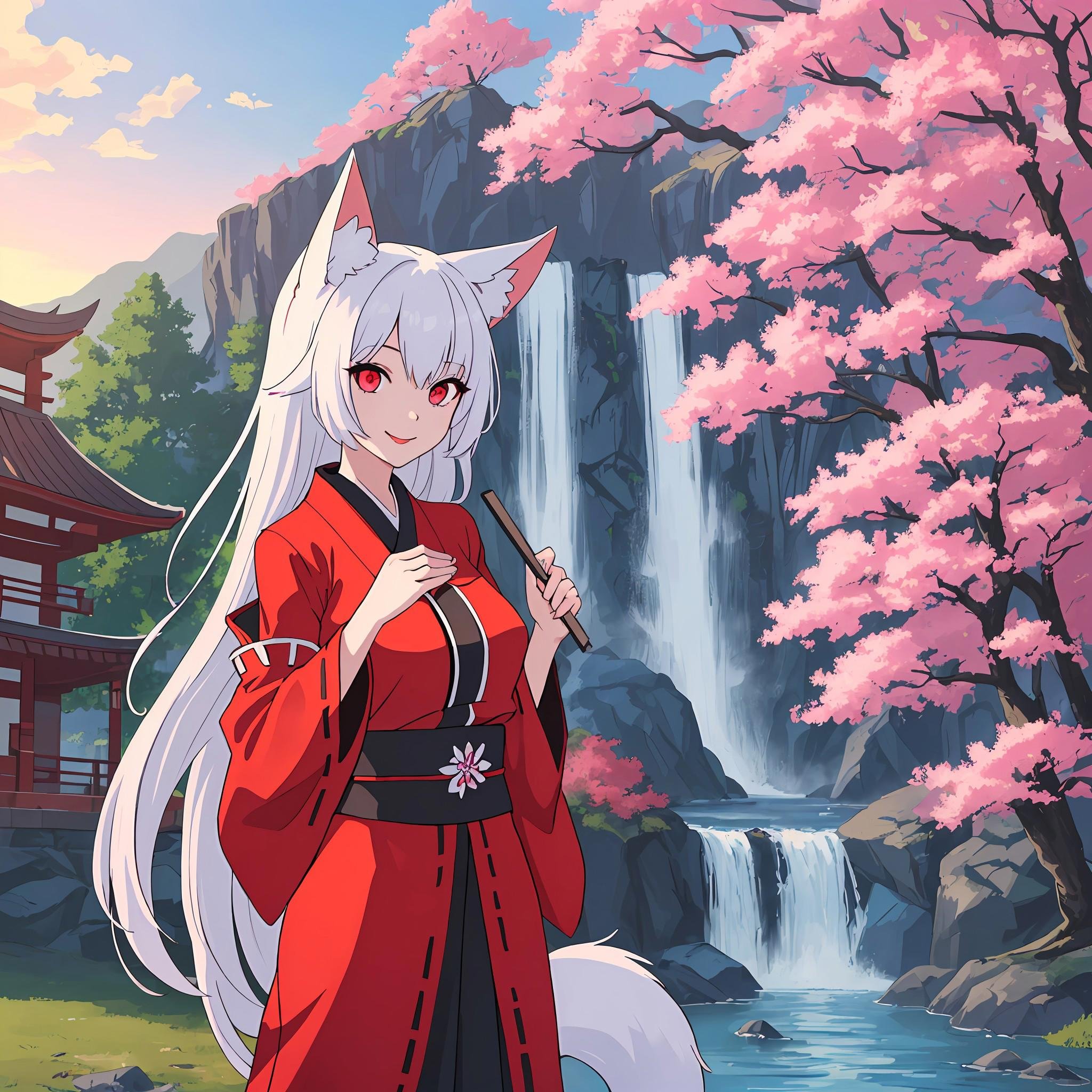 ((4k,best quality,masterpiece,solo girl)),(white long hair,fox ears,red slender eyes,miko,priest garb,touch mouth with big folding fan,stand erect,smile,nine tail,midium breath)temple, altar in the background, sakura trees in the background, waterfall in the background, sunset