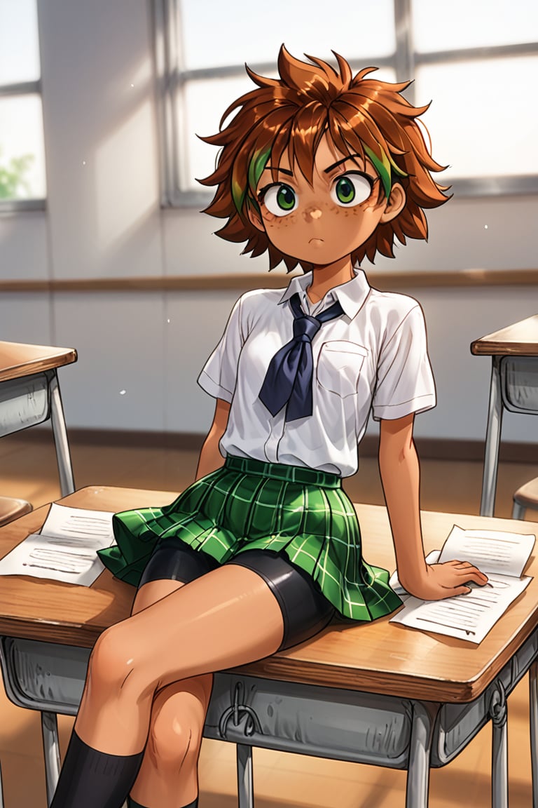 action lines, face of disappointment, very boring, Classroom, school table, Short hair, School uniform, white polo shirt, short green plaid skirt, Black bike shorts under the skirt.

Helia, 1 girl, young girl, reddish brown hair with green highlights, dark green eyes, freckles, latina, Sunburned skin, brown skin, crossed legs, legs resting on the table, throwing a paper plane,

texture, quality, and color of your photos and illustrations while minimizing the effect on the composition.