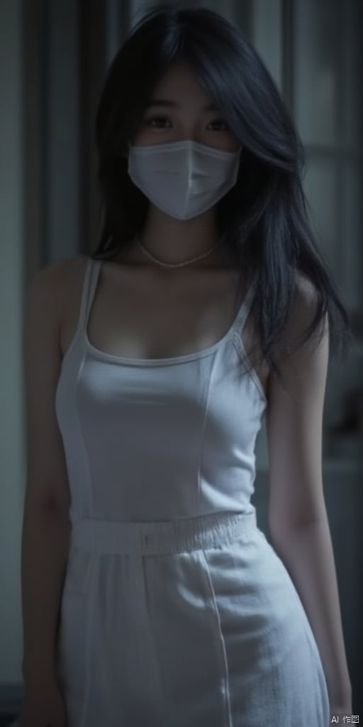 masterpiece,best quality,official art,extremely detailed CG unity 8k wallpaper, dark, night, realistic, photo, real, huge_filesize, wallpaper, solo, girl, hair down, hair over shoulder, looking at viewer, medium breasts, white sleeveless dress,full body photo,wearing mask,front photo