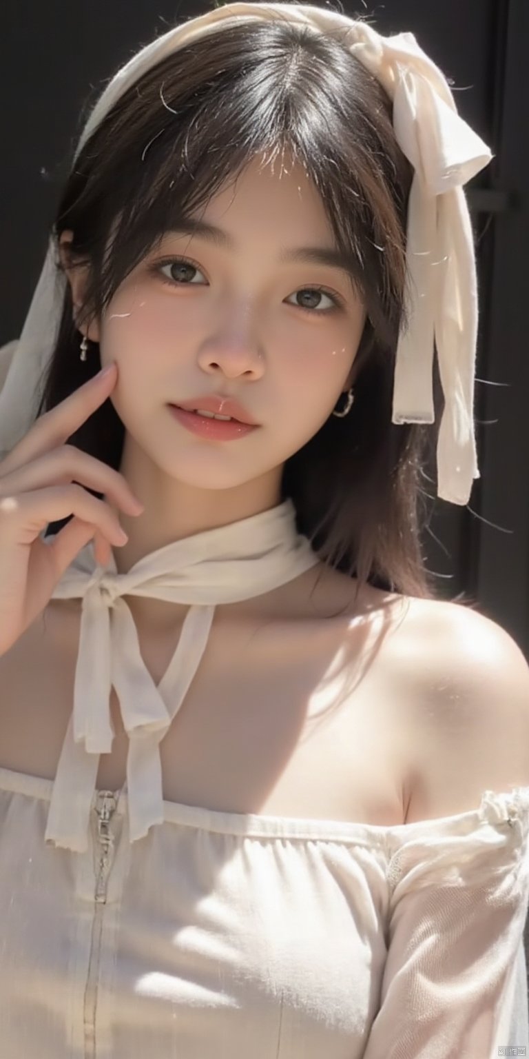 
1girl is wearing a Transparent white gauze clothing,White blue strapless, faintly visible,Leakage of navel,Perfect chest,Gazing with deep affection, tears welling up at the corners of the mouth,Wearing a scarf to tie your hair,Sunshine shining on the pure face the Tyndale effect,smile,The background is Black Dushan













