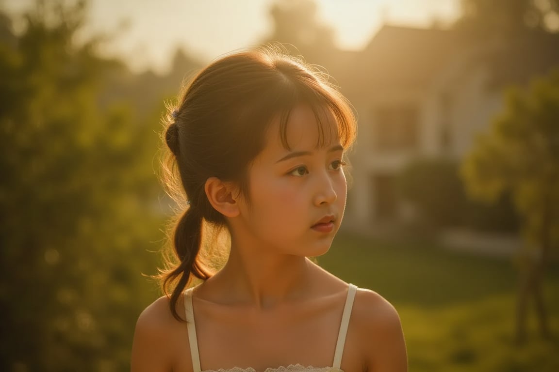 Floodlight,This is a sunlit portrait of a young girl in profile with her back to the camera,bathed in warm,soft light that creates a halo effect around her. Her brown hair is loosely tied back with curls twisting around her face and neck. She is wearing a see-through strapless white dress trimmed with lace. The background is blurred to ensure that the focus is on the subject. The photograph is softly lit and luminous,with delicate romantic tones and an ethereal,dreamy quality. The soft focus enhances the gentle and serene atmosphere of the image., where lush greenery and bold emblazoned words SUNSHINE create a striking visual counterpoint to her melancholic countenance, as if bathed in the faint light of the street lamps.(Film grain: 1.2, ultra detailed skin texture)