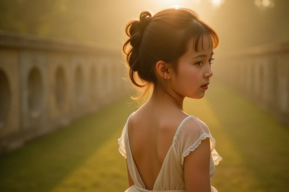 Floodlight,This is a sunlit portrait of a young girl in profile with her back to the camera,bathed in warm,soft light that creates a halo effect around her. Her brown hair is loosely tied back with curls twisting around her face and neck. She is wearing a see-through strapless white dress trimmed with lace. The background is blurred to ensure that the focus is on the subject. The photograph is softly lit and luminous,with delicate romantic tones and an ethereal,dreamy quality. The soft focus enhances the gentle and serene atmosphere of the image., where lush greenery and bold emblazoned words SUNSHINE create a striking visual counterpoint to her melancholic countenance, as if bathed in the faint light of the street lamps.(Film grain: 1.2, ultra detailed skin texture)