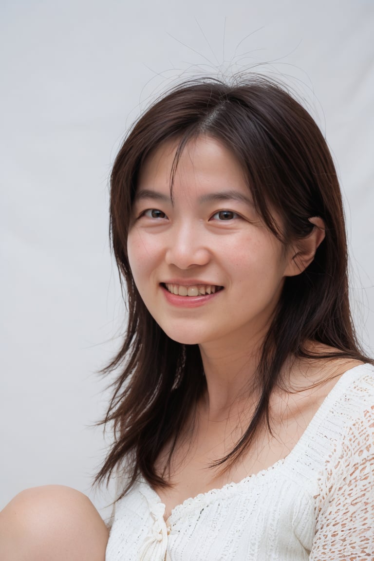realistic photo of a Japanese woman,  shiho,  The is a close-up portrait of a young woman with shoulder-length brown hair....