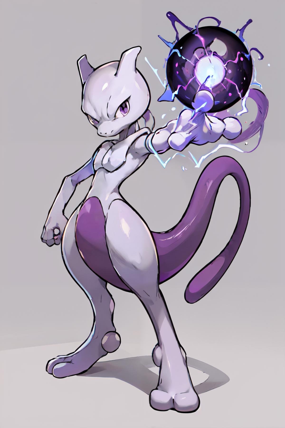 ((masterpiece,best quality)), absurdres,   <lora:MewtwoPokemon:0.8>,   zzMetwo, looking at viewer, simple background, closed mouth, standing, purple eyes, full body, grey background, outstretched arm, legs apart, energy, energy ball,