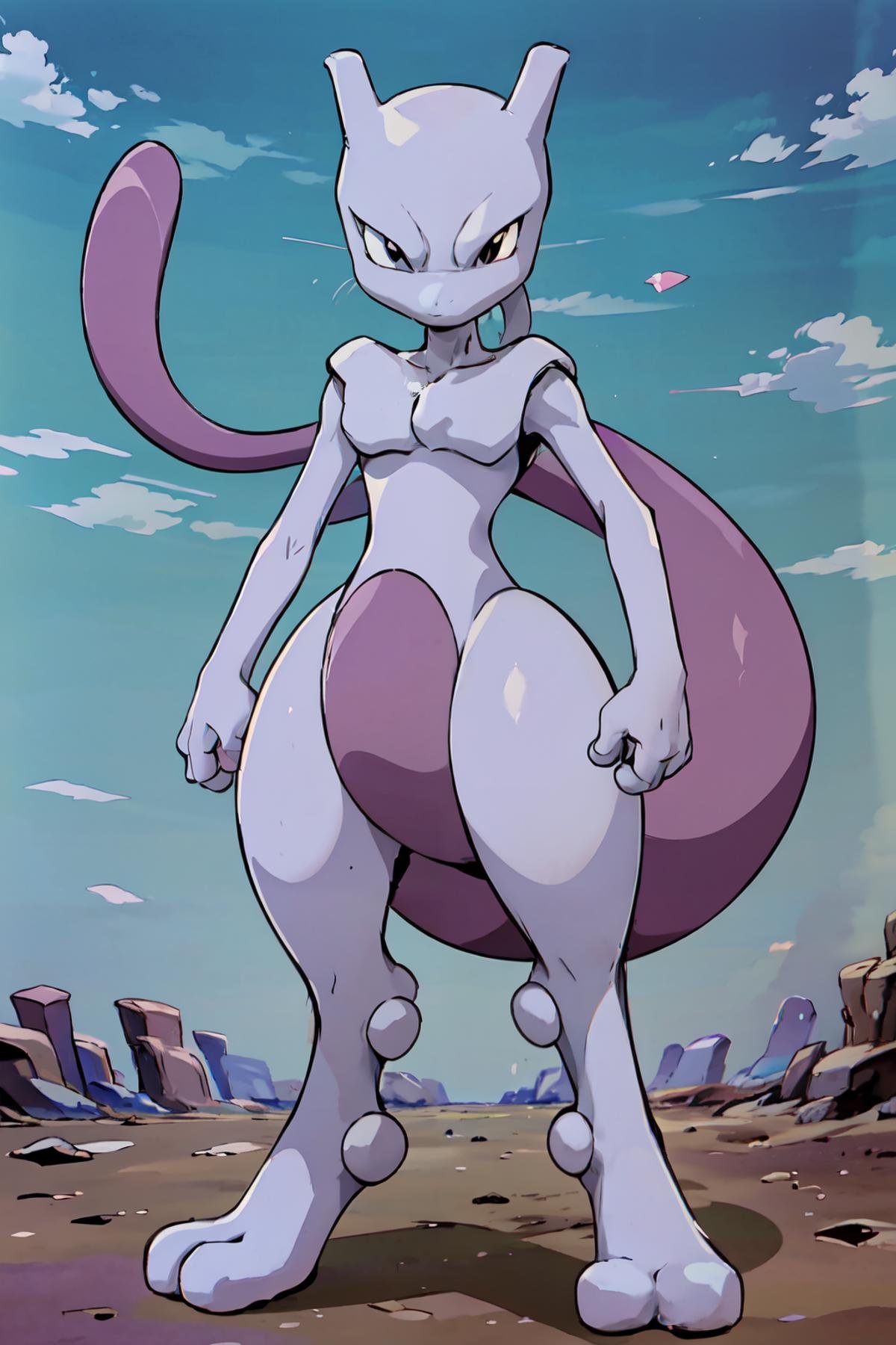 ((masterpiece,best quality)), absurdres,   <lora:MewtwoPokemon:0.8>,   zzMetwo, looking at viewer, closed mouth, standing, full body, outdoors, sky, day, cloud, black eyes, toes, looking down, from below, source anime