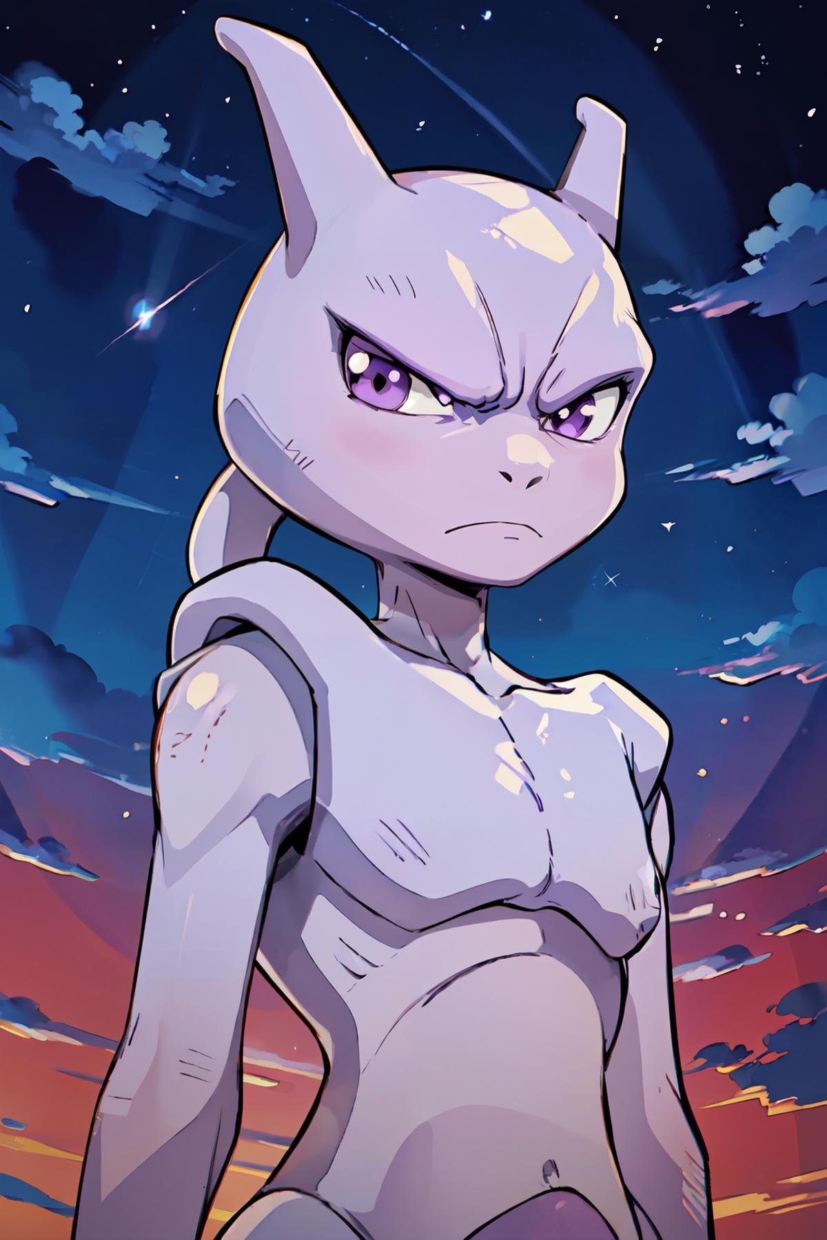 ((masterpiece,best quality)), absurdres,   <lora:MewtwoPokemon:0.8>,   zzMetwo, closed mouth, purple eyes, upper body, outdoors, sky, cloud, looking to the side, night, frown, star (sky), night sky, source anime