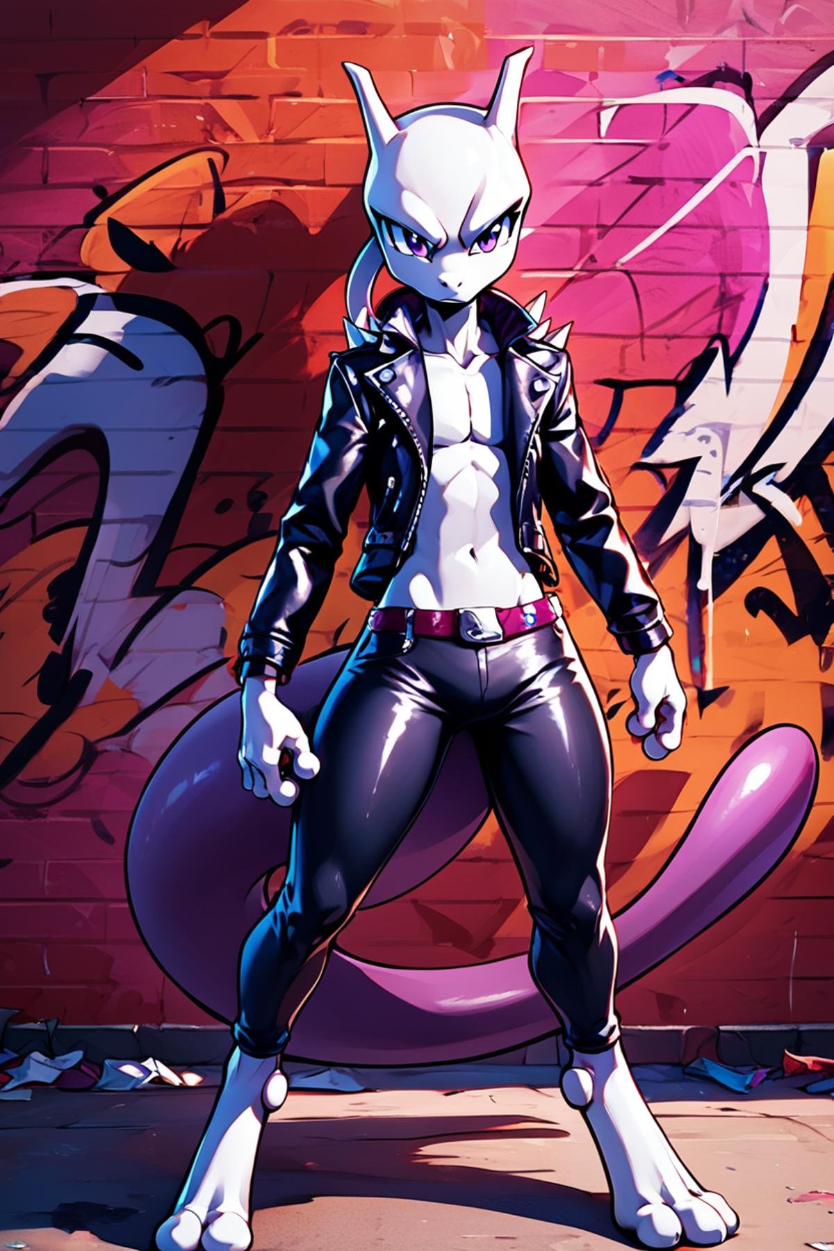 score_9, score_8_up, score_8, no humans,   zzMewtwo, source anime,    closed mouth, standing, purple eyes, tail, toes, frown, legs apart, abstract background, source anime, looking at viewer, cowboy shot, leather jacket, leather pants, black jacket, biker clothes, spikes, multiple belts, shiny clothes, high collar, (graffiti:1.2), brick wall,  abstract background,   embedding:zPDXL, Expressiveh,  <lora:MewtwoPokemonPDXL:0.8>,  <lora:CatalystStylePDXL:0.6>,  <lora:SDXLFaeTastic2400:0.5>,  <lora:Expressive_H-000001:0.4>,