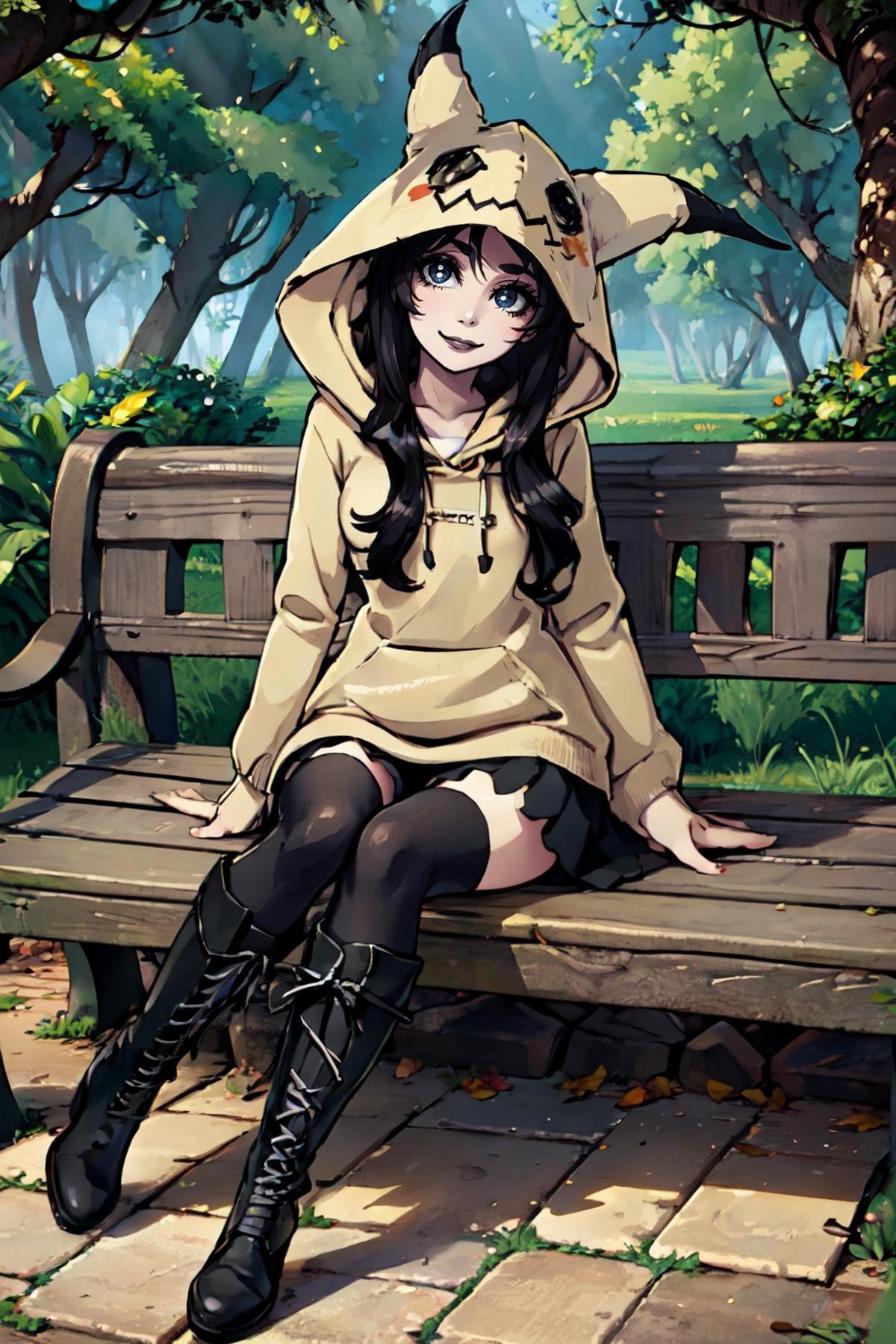 ((masterpiece,best quality)), absurdres, <lora:MimikyuHoodie:0.7>,   zzMimikyuHoodie, 1girl, solo, long hair, looking at viewer, smile, skirt, black hair, thighhighs, sitting, boots, outdoors, black thighhighs, hood, black footwear, tree, hoodie, makeup, knee boots, lipstick, cross-laced footwear, animal hood, lace-up boots, bench, black lips, looking at viewer, head tilt,