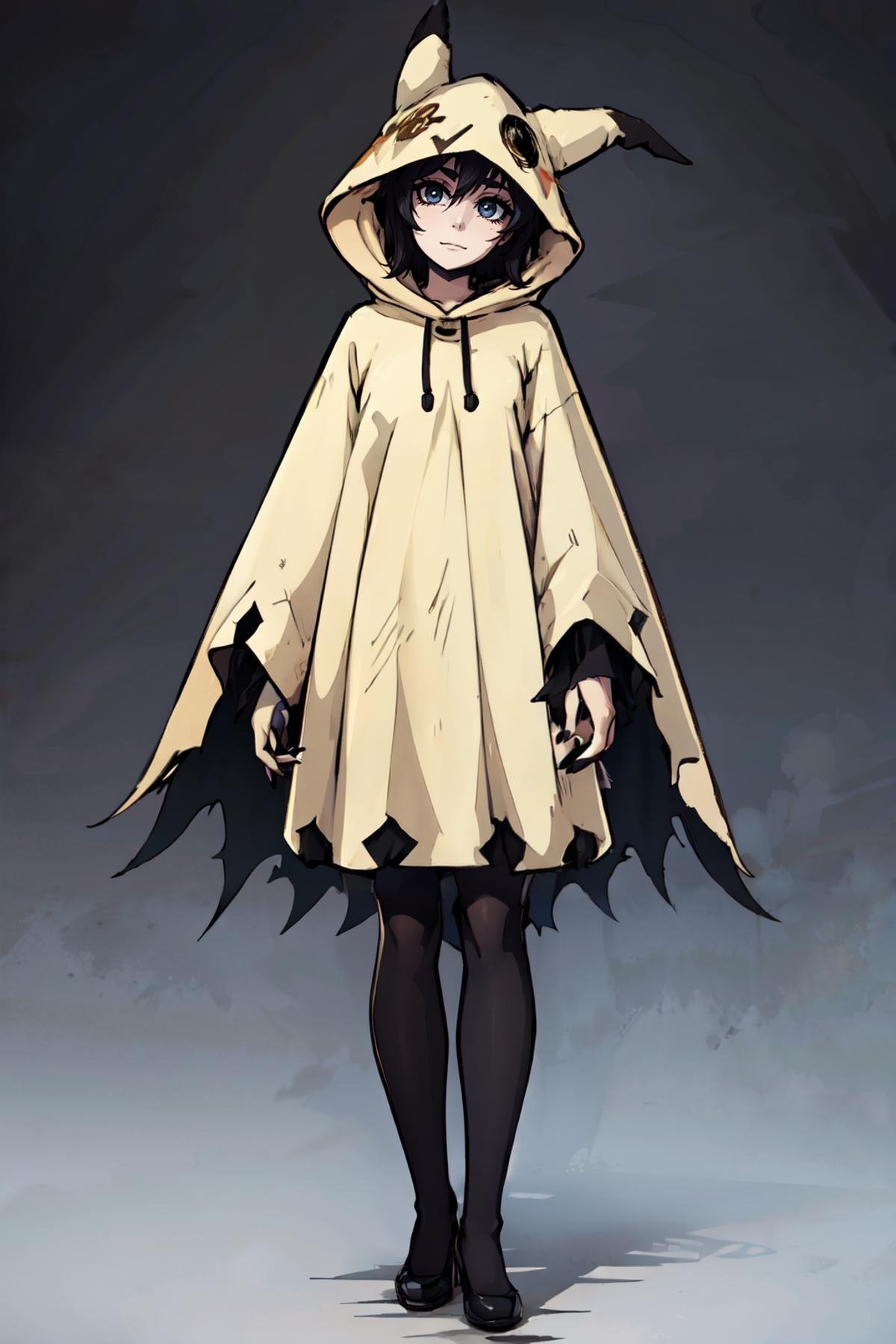 ((masterpiece,best quality)), absurdres, <lora:MimikyuHoodie:0.7>,   zzMimikyuHoodie, 1girl, simple background, white background, dress, bow, standing, full body, pantyhose, shoes, nail polish, black footwear, black dress, mask, black nails, cloak, hood up, hooded cloak,  cowboy shot, looking at viewer, head tilt,