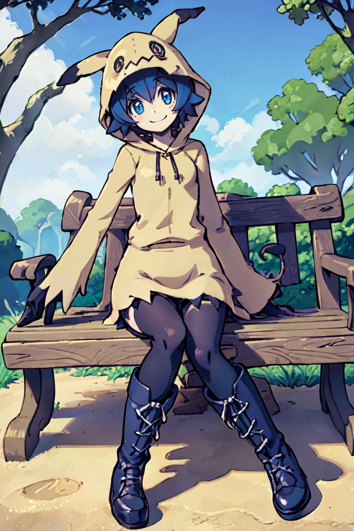 ((masterpiece,best quality)), absurdres,  <lora:Bold_CAT:0.5>,   <lora:Lana_Pokemon_v2_Anime:0.8>, Lana_Pokemon, 1girl, solo, curvy, short blue hair, blue eyes, <lora:MimikyuHoodie:0.7>,   zzMimikyuHoodie,      looking at viewer, smile, skirt, thighhighs, sitting, boots, outdoors, black thighhighs, hood, black footwear, tree, hoodie, makeup, knee boots, lipstick, cross-laced footwear, animal hood, lace-up boots, bench,  looking at viewer, head tilt,