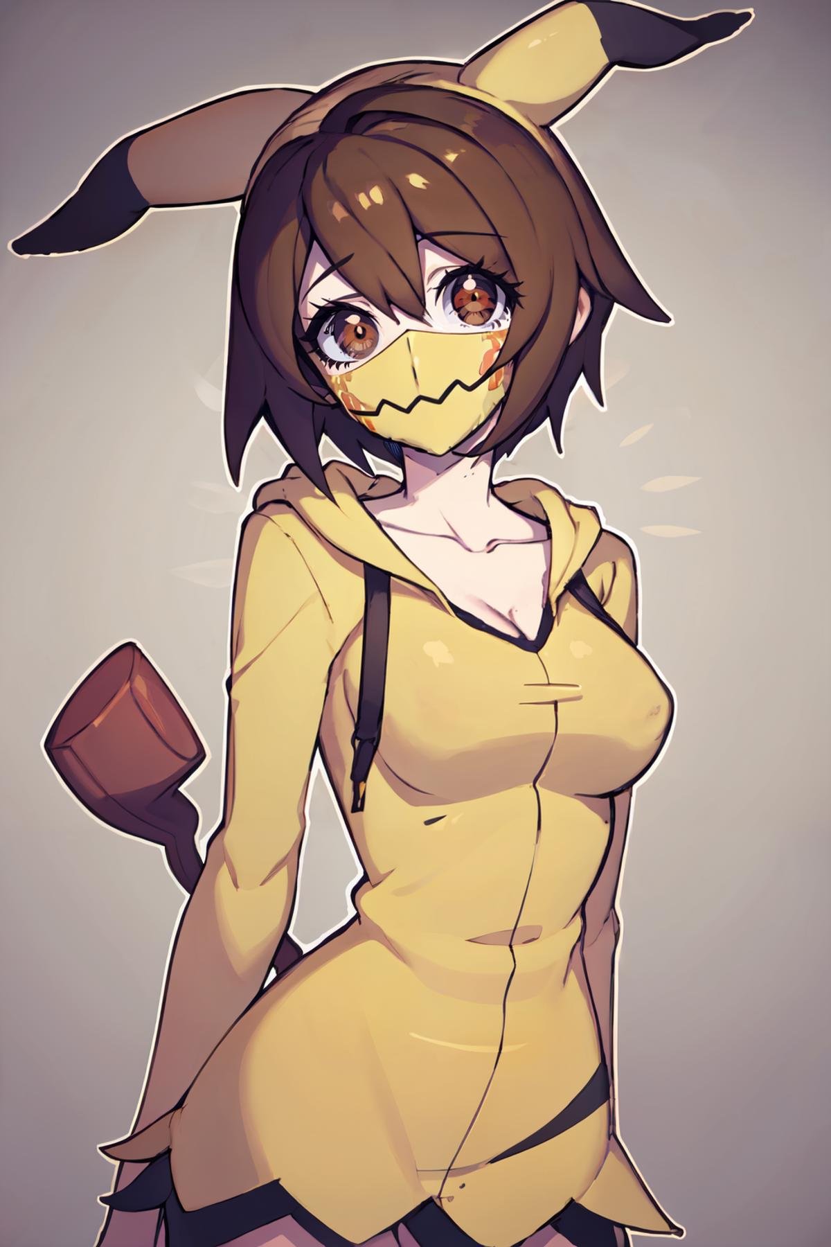 ((masterpiece,best quality)), absurdres,  <lora:Bold_CAT:0.5>,    <lora:Gloria_Pokemon:0.8>, gloria (pokemon), brown eyes, brown hair, short hair,    <lora:MimikyuHoodie:0.7>,  zzMimikyuHoodie,      breasts, looking at viewer, bangs, simple background, white background, cleavage,medium breasts, collarbone, upper body, hood, grey background, cosplay, hood up, mouth mask, black sclera, looking at viewer, head tilt,