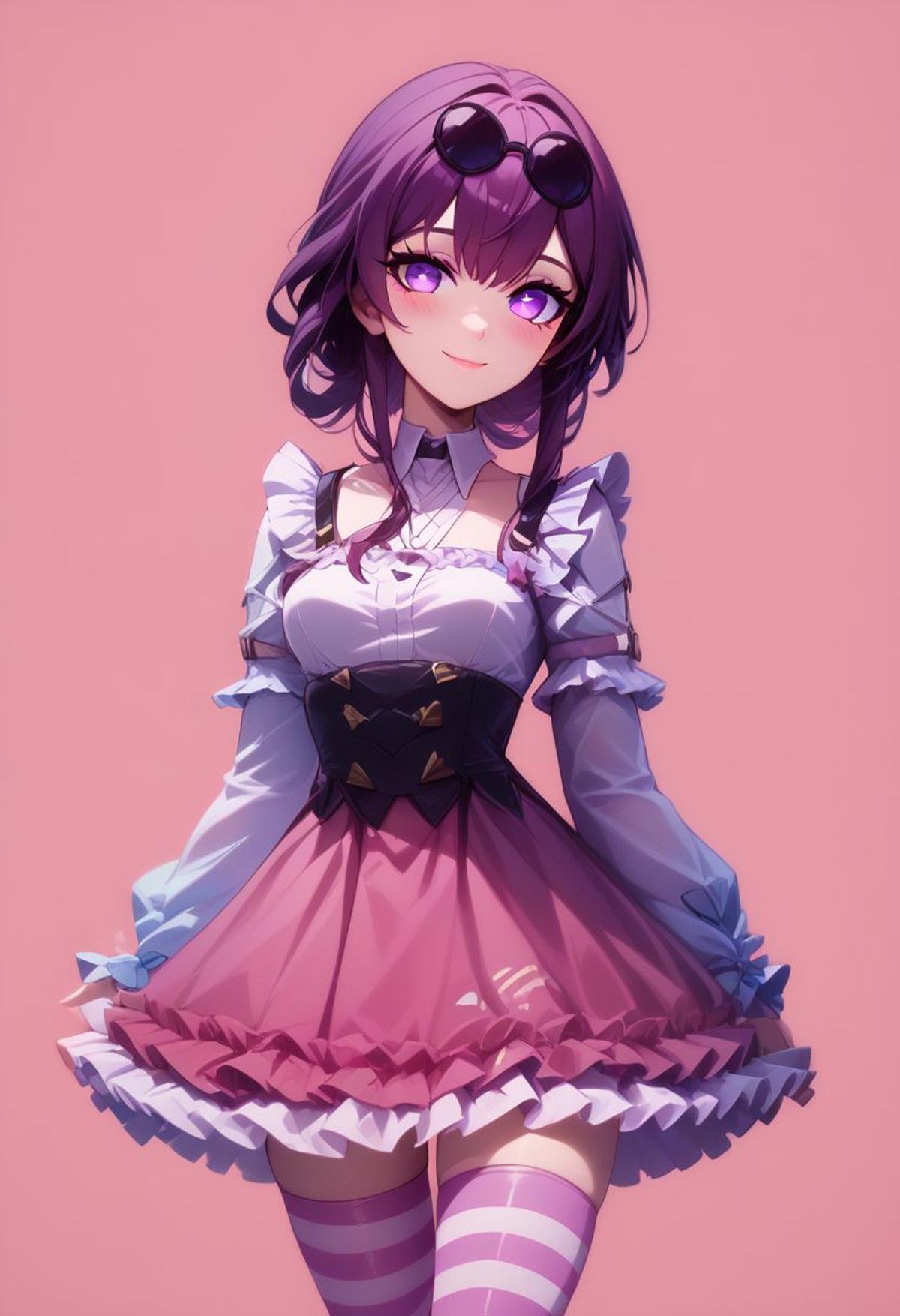 score_9, score_8_up, score_8, medium breasts, (curvy), cute, eyelashes,     BREAK,zzKafka, purple_hair, purple_eyes,BREAK, closed mouth, alternate costume, smile, looking at viewer, blush, zzLFashion, frilled dress, frills, bow, dress, striped thighhighs, sweetL, zPDXL,