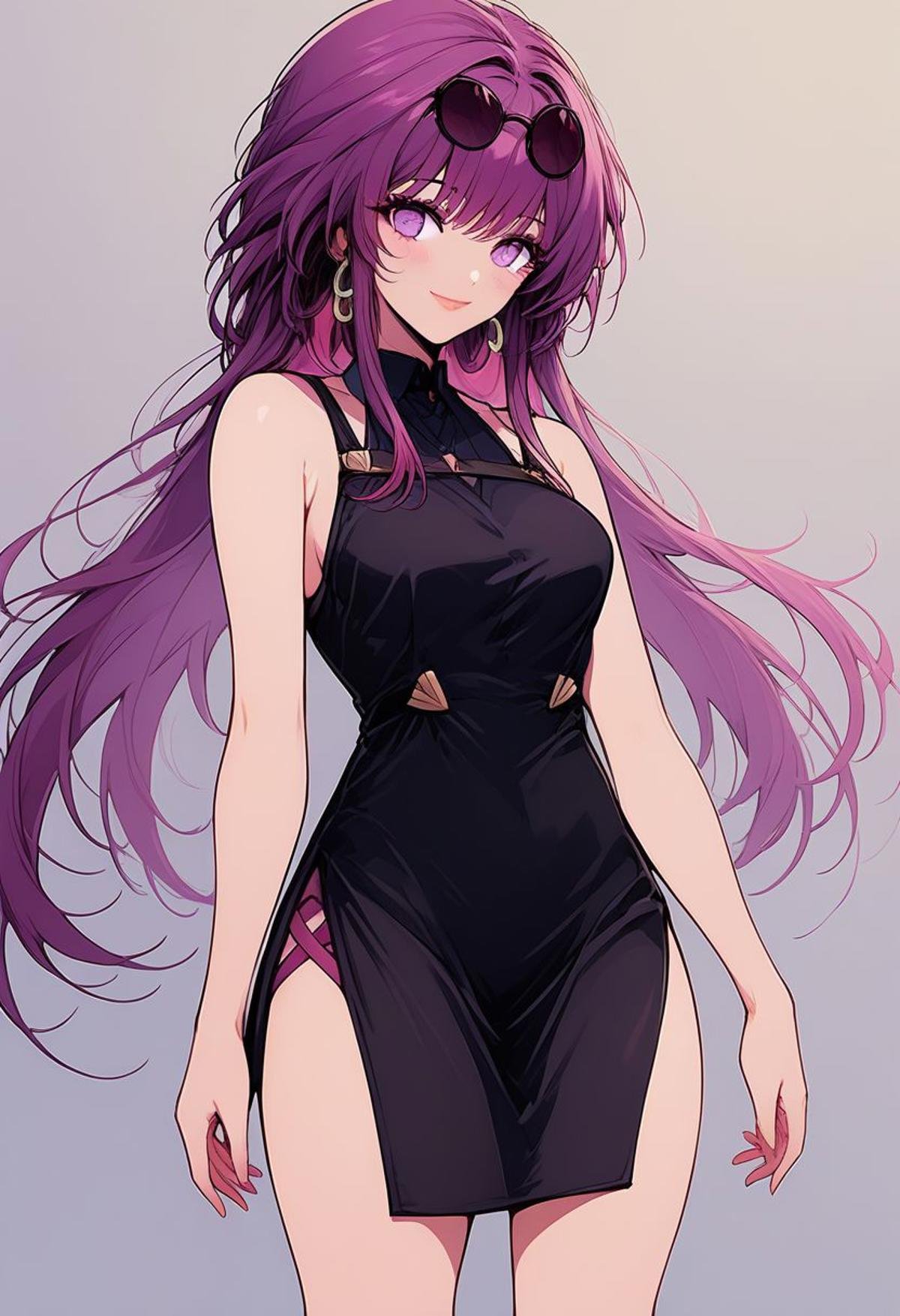 score_9, score_8_up, score_8, medium breasts, (curvy), cute, eyelashes,       BREAK, zzKafka, purple_hair, purple_eyes, eyewear on head, breasts, looking at viewer, blush, smile, bangs, dress, bare shoulders, jewelry, medium breasts, very long hair, closed mouth, standing, cowboy shot, earrings, sleeveless, black dress, bare legs, sleeveless dress, side slit, hoop earrings, zPDXL,