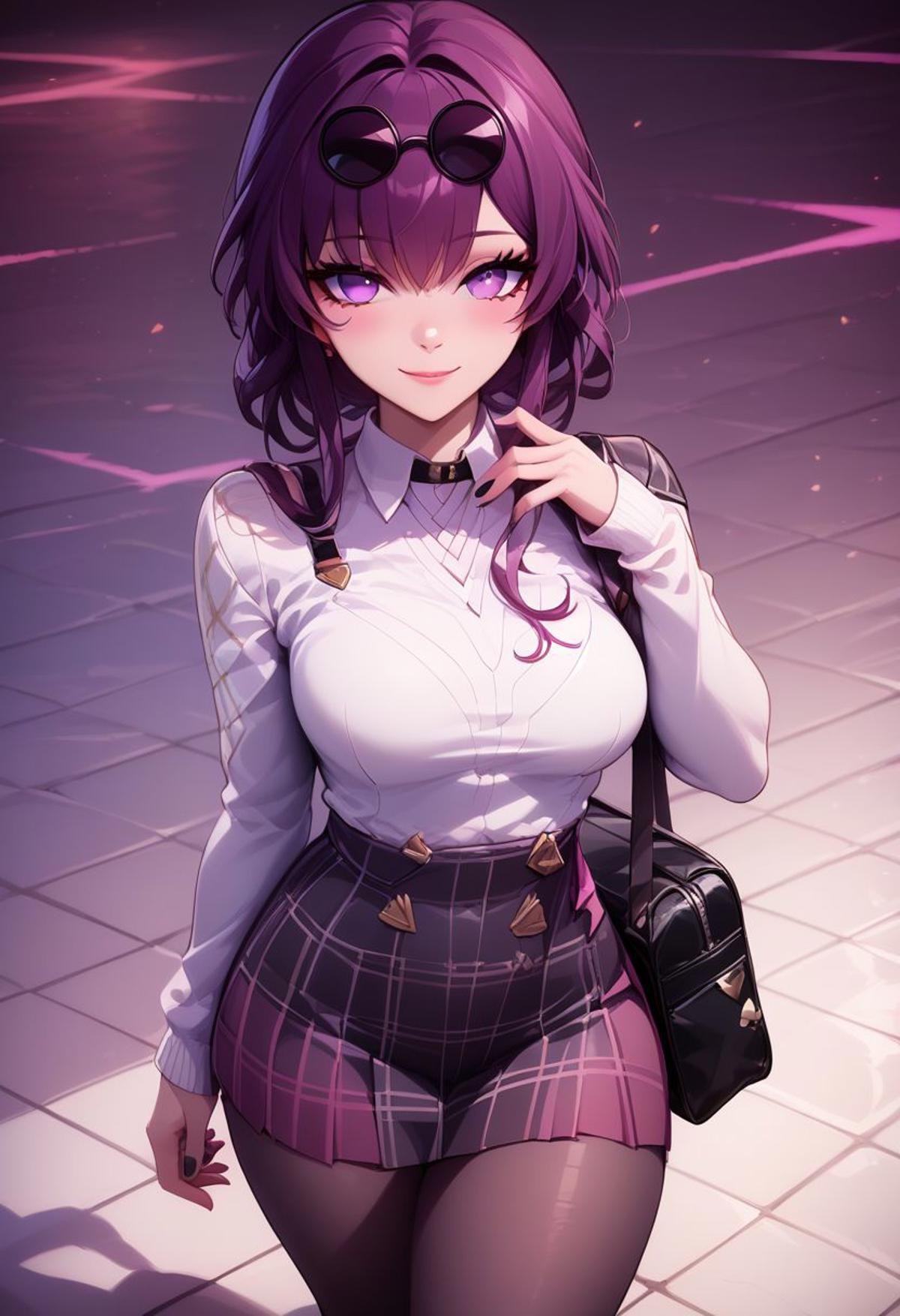 score_9, score_8_up, score_8, medium breasts, (curvy), cute, eyelashes,     BREAK,zzKafka, purple_hair, purple_eyes,BREAK, closed mouth, alternate costume, smile, nail polish, looking at viewer, hand up, collared shirt, blush, sweater, black skirt, black nails, eyelashes, long sleeves, sleeves past wrists, plaid skirt, shoulder bag, black bag, blurry, tile floor, pleated skirt, white shirt,zPDXL,