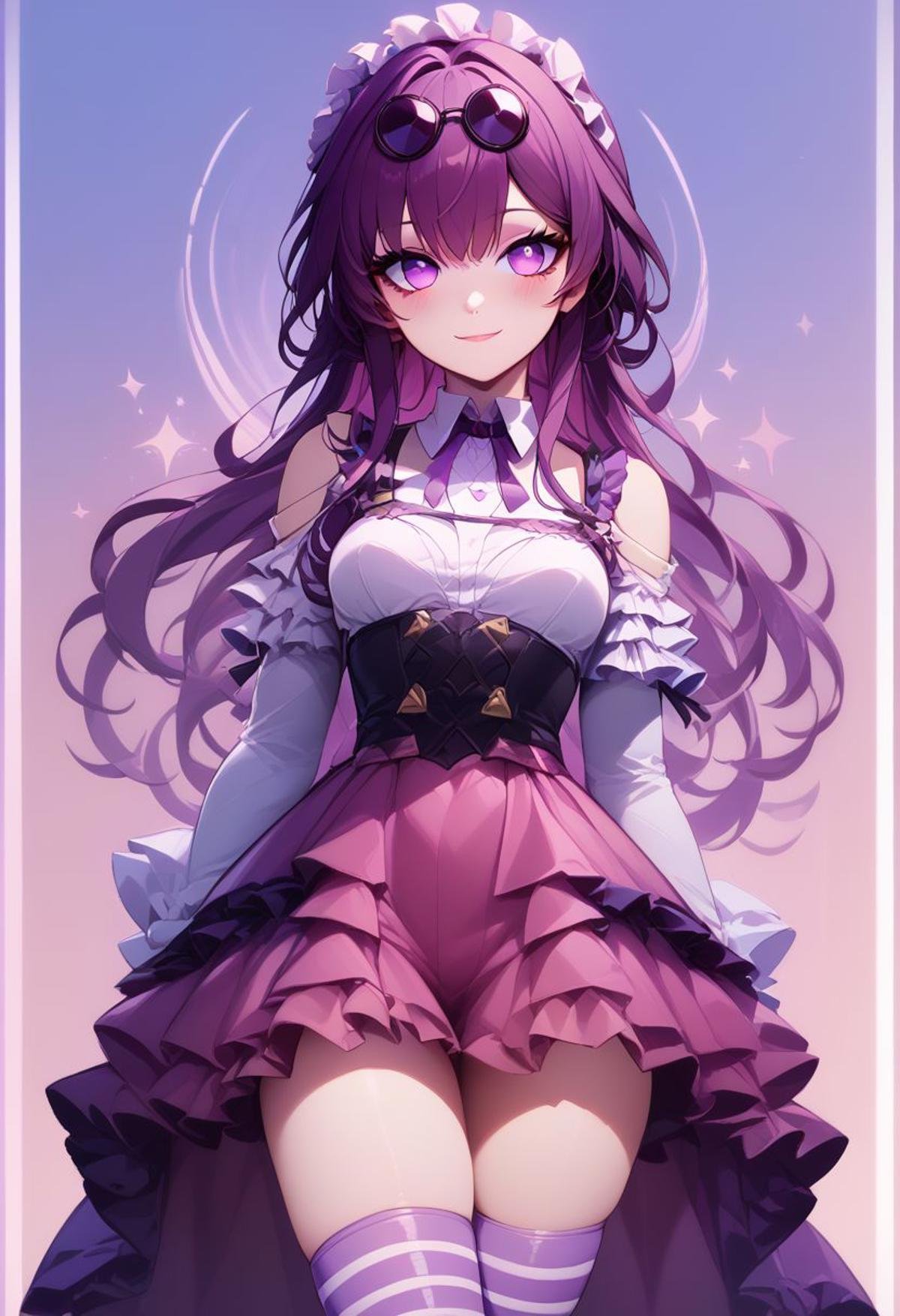 score_9, score_8_up, score_8, medium breasts, (curvy), cute, eyelashes,     BREAK,zzKafka, purple_hair, purple_eyes,BREAK, closed mouth, alternate costume, smile, looking at viewer, blush, zzLFashion, frilled dress, frills, bow, dress, striped thighhighs, sweetL, zPDXL,