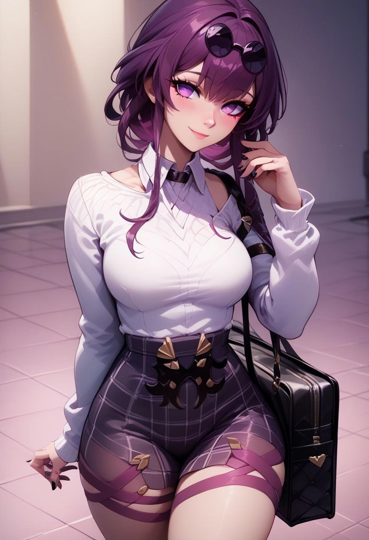 score_9, score_8_up, score_8, medium breasts, (curvy), cute, eyelashes,     BREAK,zzKafka, purple_hair, purple_eyes,BREAK, closed mouth, alternate costume, smile, nail polish, looking at viewer, hand up, collared shirt, blush, sweater, black skirt, black nails, eyelashes, long sleeves, sleeves past wrists, plaid skirt, shoulder bag, black bag, blurry, tile floor, pleated skirt, white shirt,zPDXL,