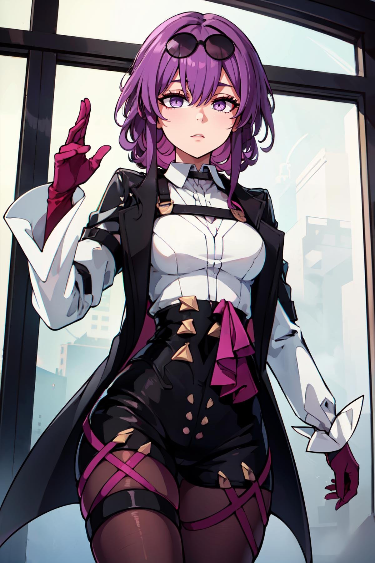 ((masterpiece,best quality)), absurdres,   <lora:kafkaStarRail_v1:0.7>,   zzKafka, purple_hair, purple_eyes, sunglasses, eyewear on head, harness, black jacket, white shirt, collared shirt, long sleeves, white sleeves, purple gloves, black shorts, thigh strap, pantyhose,