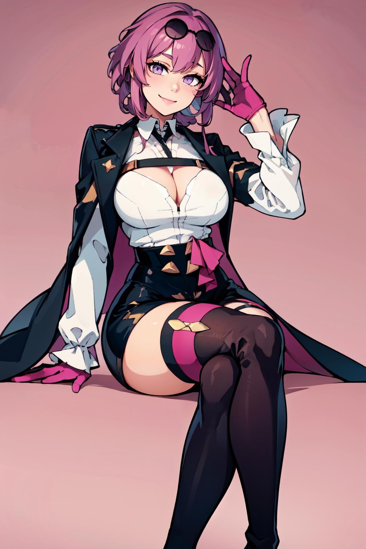 ((masterpiece,best quality)), absurdres,   <lora:kafkaStarRail_v1:0.7>,    (curvy), zzKafka, looking at viewer, crossed legs, round eyewear, jacket, smile, white shirt, sitting, thighhighs, cleavage, long sleeves, thigh boots, purple gloves, bra visible through clothes, see-through shirt, pink theme, pink background, pink glow,