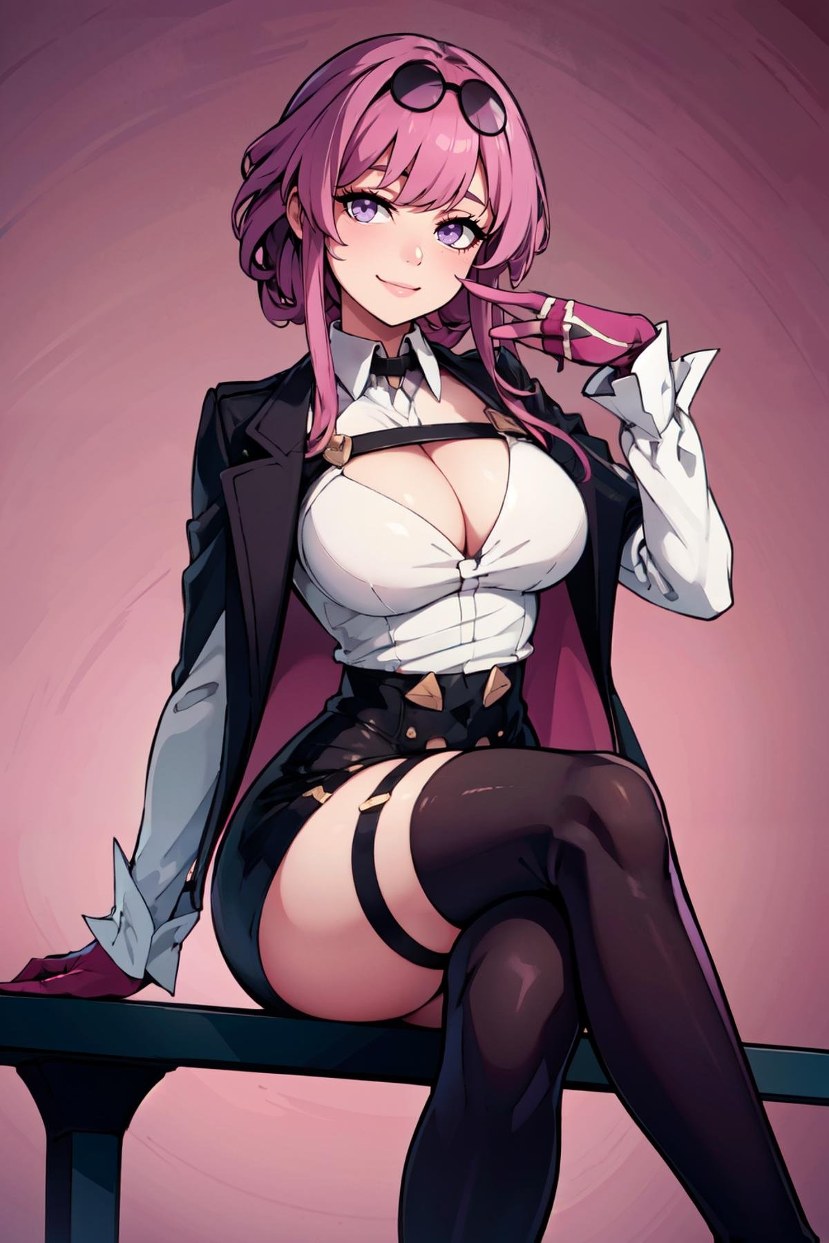 ((masterpiece,best quality)), absurdres,   <lora:kafkaStarRail_v1:0.7>,    (curvy), zzKafka, looking at viewer, crossed legs, round eyewear, jacket, smile, white shirt, sitting, thighhighs, cleavage, long sleeves, thigh boots, purple gloves, bra visible through clothes, see-through shirt, pink theme, pink background, pink glow,