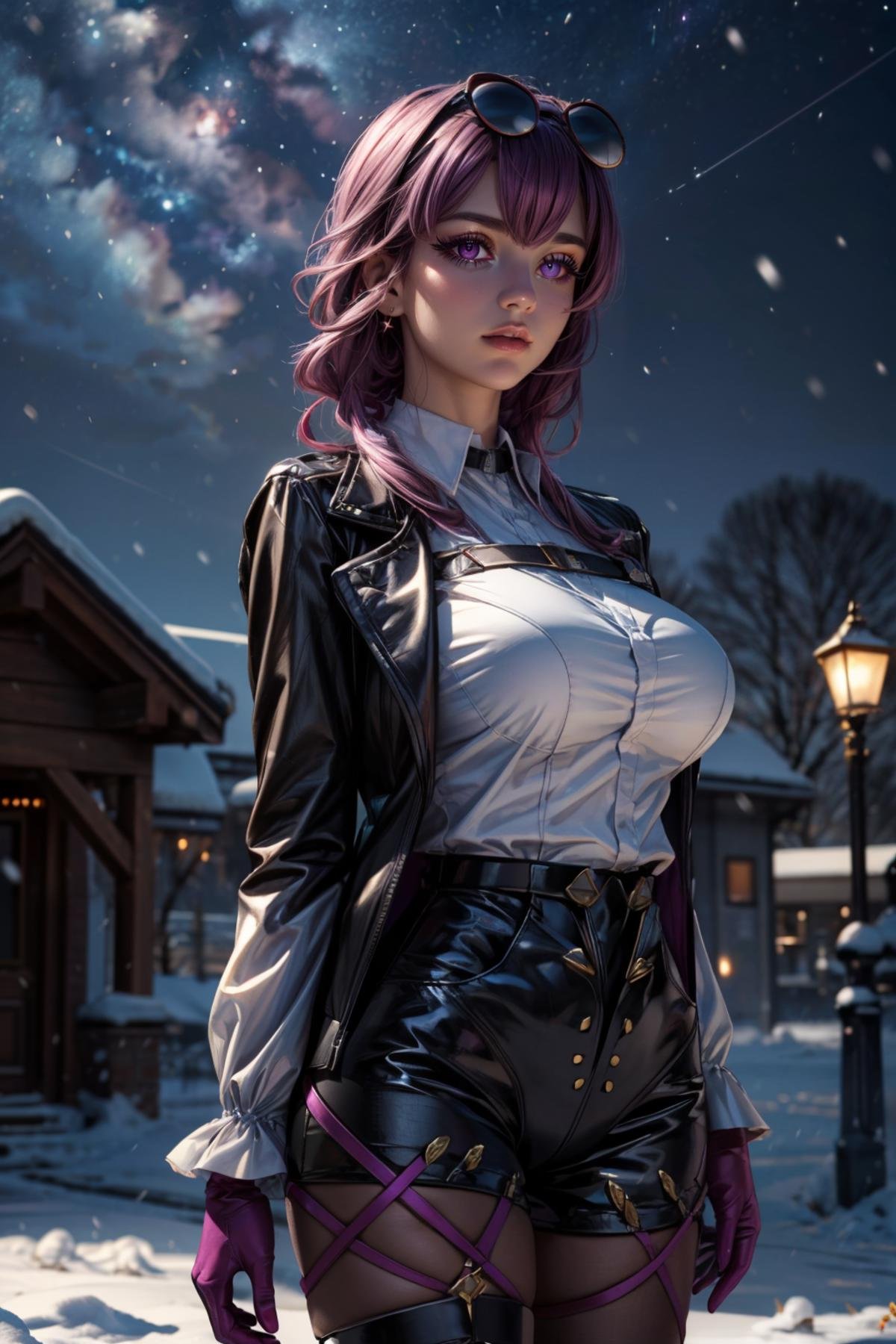 (ultra realistic,32k, masterpiece:1.2),(high detailed skin:1.1),( high quality:1.1), <lora:IllyasvielVonEinzbern_v1:0.7>, zzIllya, looking at viewer, night, outdoors, snowing, sky, BREAK,   <lora:kafkaStarRail_v1:0.7>,   zzKafka, purple_hair, purple_eyes, sunglasses, eyewear on head, harness, black jacket, white shirt, collared shirt, long sleeves, white sleeves, purple gloves, black shorts, thigh strap, pantyhose,  BREAK,  blooming stars, luminescent petals, otherworldly fragrance blurry background, (looking at viewer, standing:1.1), huge breast, large breast, <lora:add_detail:0.92>, (glowwave:1.1),