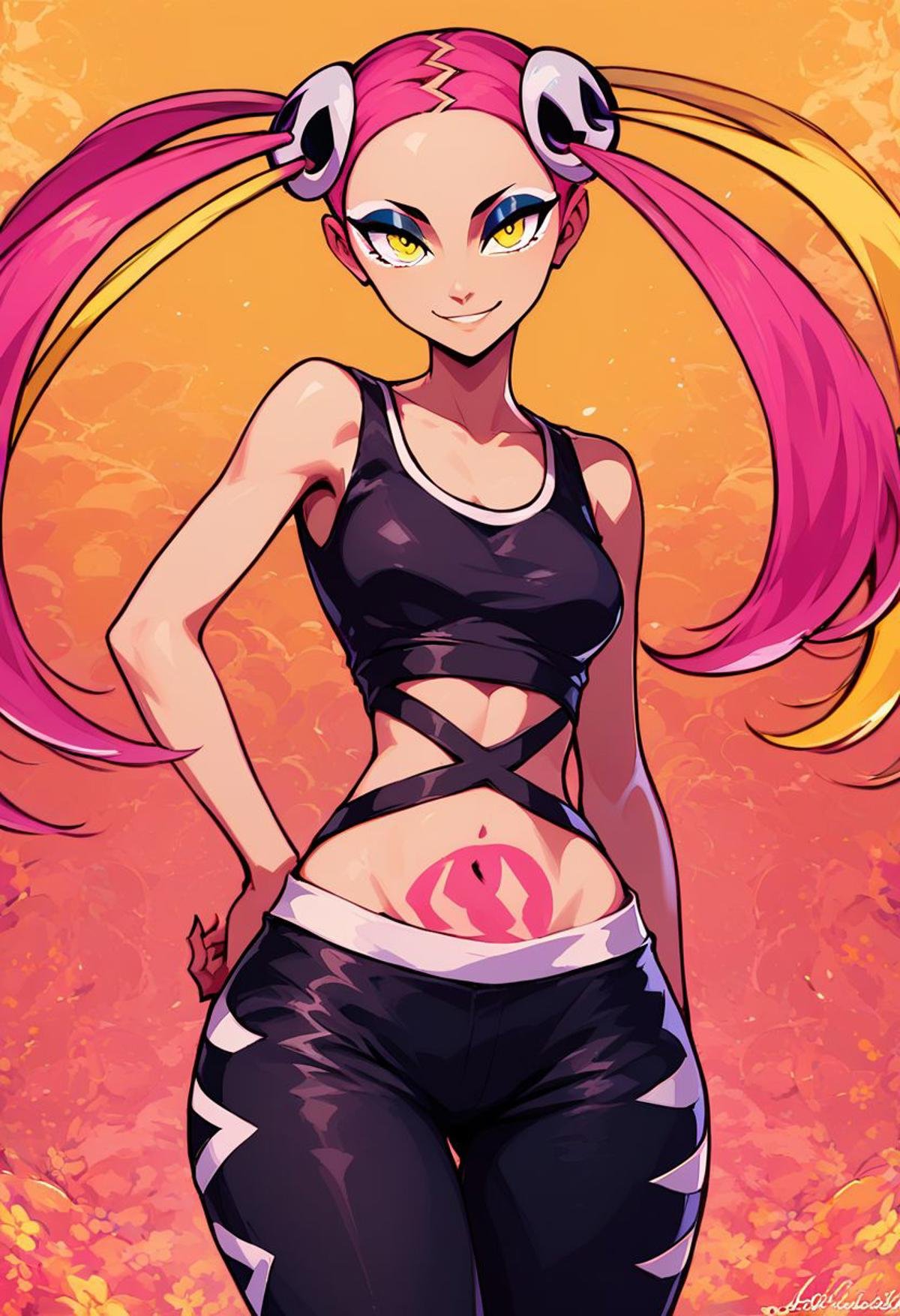 score_9, score_8_up, score_8, medium breasts, (curvy), cute, eyelashes,     rating safe, BREAK,zzPlumeria, pink hair, multicolored hair, blonde hair, two-tone hair, long hair, yellow eyes, hair ornament, quad tails, breasts, eyeshadow, skull hair ornament, black tank top, eyeshadow, makeup, black baggy pants, tattoo,BREAK,smile, looking at viewer, abstract flowers background, zPDXL, Expressiveh