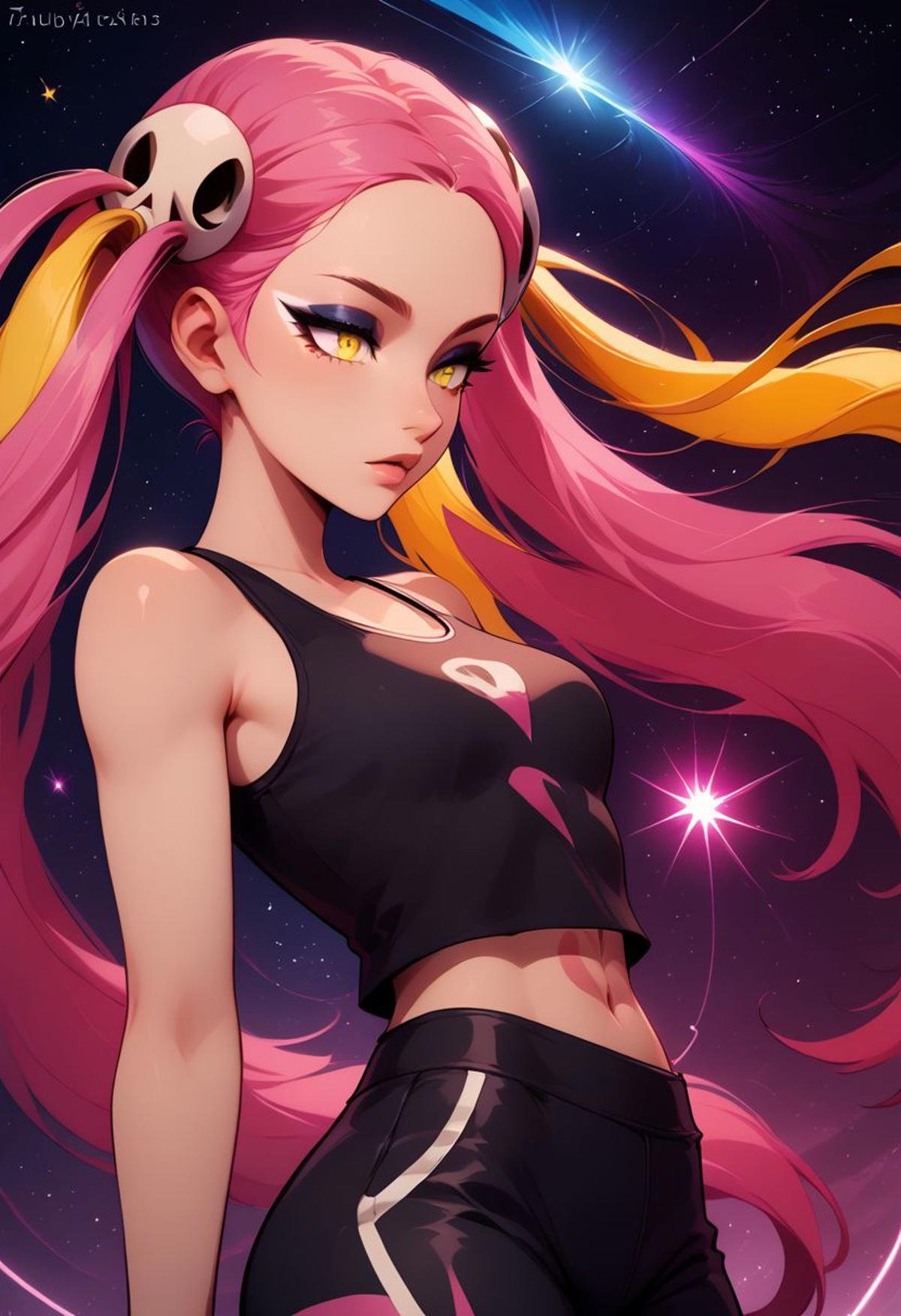 score_9, score_8_up, score_8, medium breasts, (curvy), cute, eyelashes,  rating_safe,BREAK, zzPlumeria, pink hair, multicolored hair, blonde hair, two-tone hair, long hair, yellow eyes, hair ornament, quad tails, breasts, eyeshadow, skull hair ornament, black tank top, eyeshadow, makeup, black baggy pants, tattoo, BREAK, dynamic angle, stars, floating, colorful, pink, blue eyes, black bow, from side, on back, spaceship, technological,zPDXL,