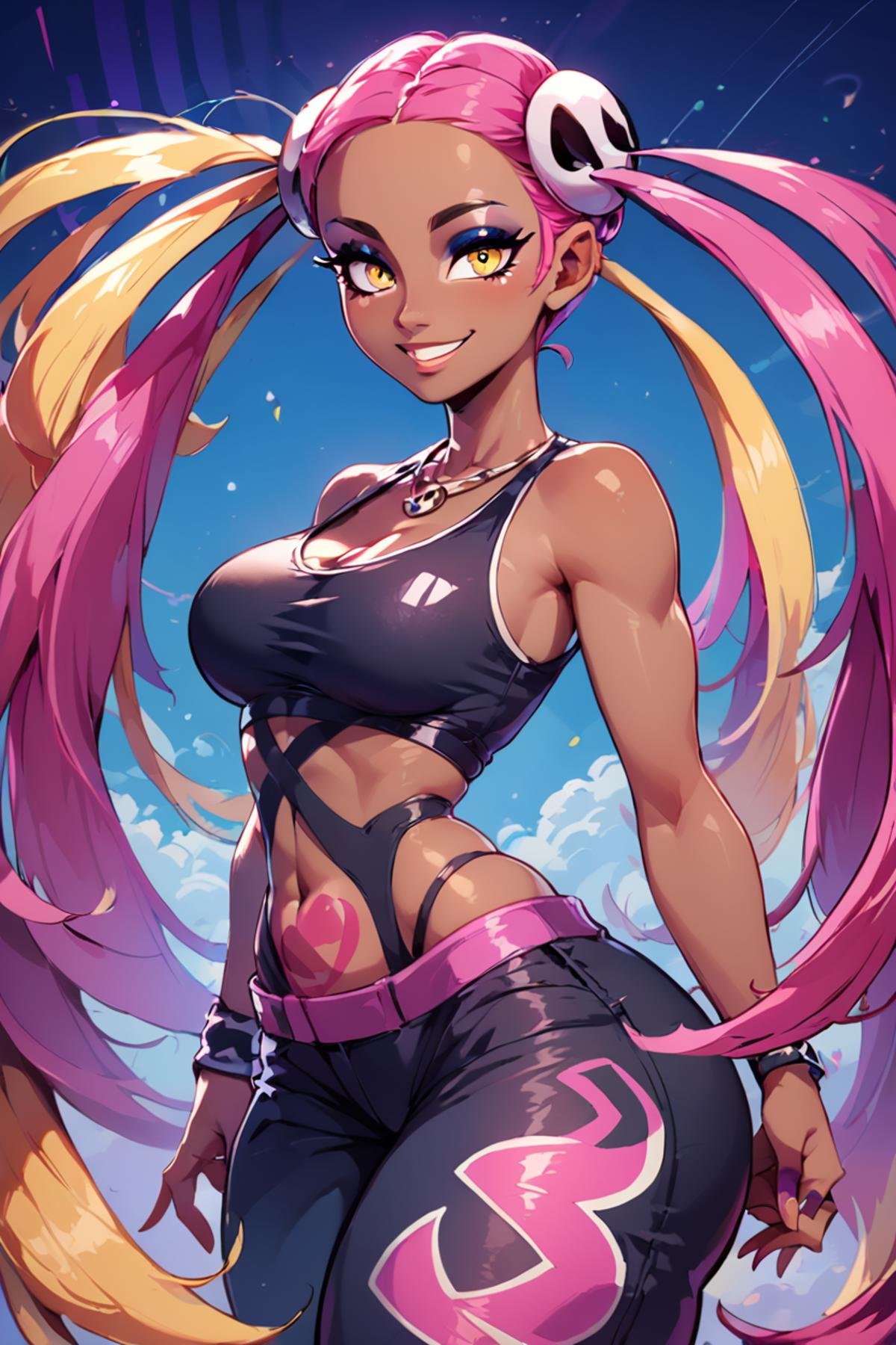 score_9, score_8_up, score_8, medium breasts, (curvy), cute, eyelashes,        zzPlumeria, pink hair, multicolored hair, blonde hair, two-tone hair, long hair, yellow eyes, hair ornament, quad tails, breasts, eyeshadow, skull hair ornament, dark skin,  black tank top, eyeshadow, makeup, black baggy pants, tattoo,   solo,  looking at viewer, smile,   <lora:PlumeriaP2:0.8>,  <lora:Vivid:0.8>, <lora:princess_xl_v2:0.8>, embedding:zPDXL,