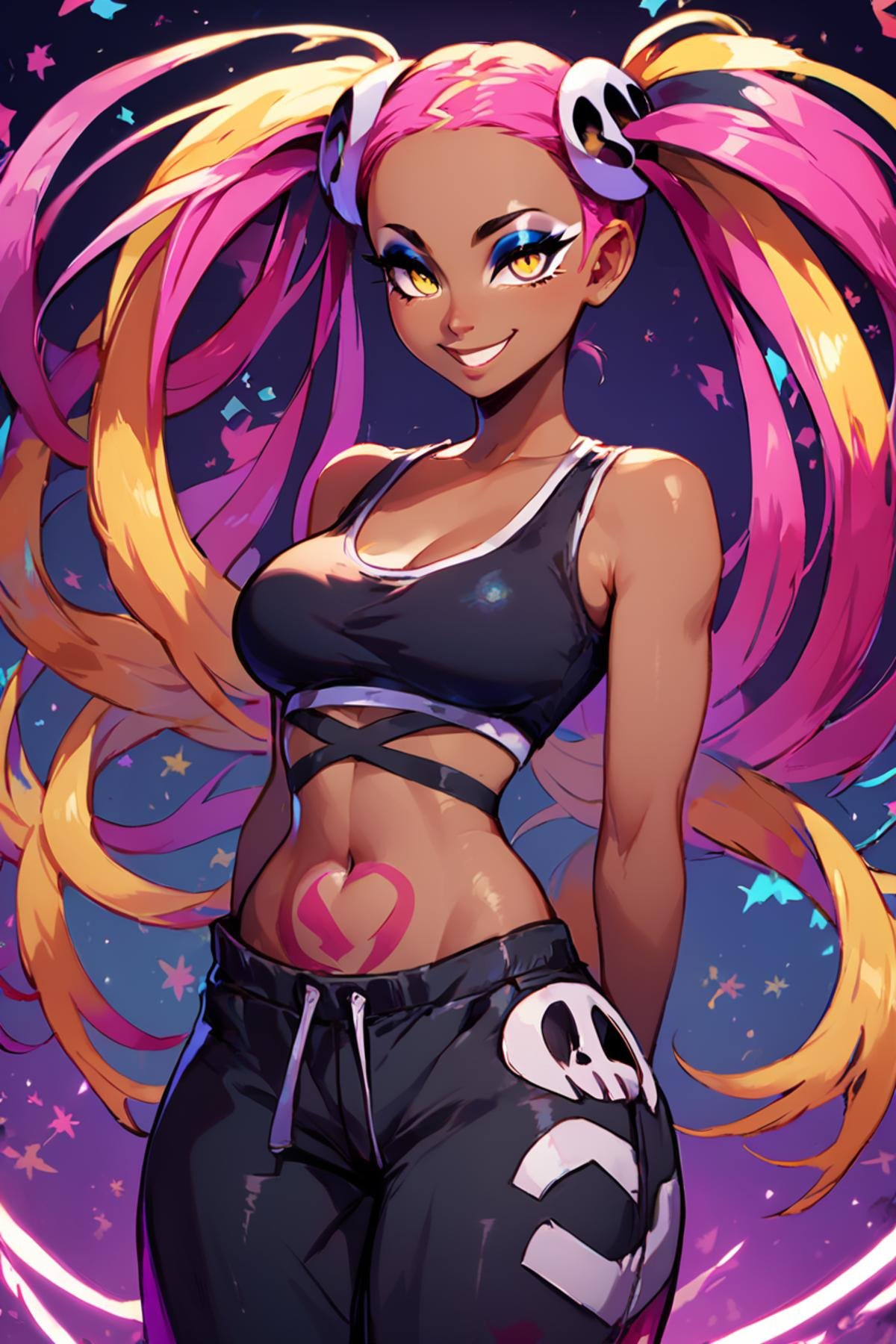 score_9, score_8_up, score_8, medium breasts, (curvy), cute, eyelashes,        zzPlumeria, pink hair, multicolored hair, blonde hair, two-tone hair, long hair, yellow eyes, hair ornament, quad tails, breasts, eyeshadow, skull hair ornament, dark skin,  black tank top, eyeshadow, makeup, black baggy pants, tattoo,   solo,  looking at viewer, smile,   <lora:PlumeriaP2:0.8>,  <lora:Vivid:0.8>, embedding:zPDXL,